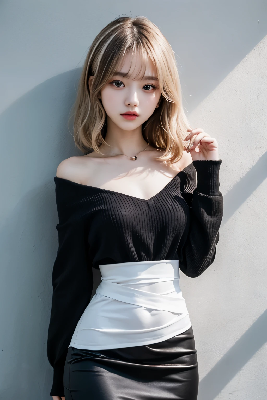1 person, 18 year old girl, Black color,white two tone hair, Wave hair, Wearing an off-shoulder dress and pencil skirt., medium chest, thin waist, The bangs are see-through bangs., korean