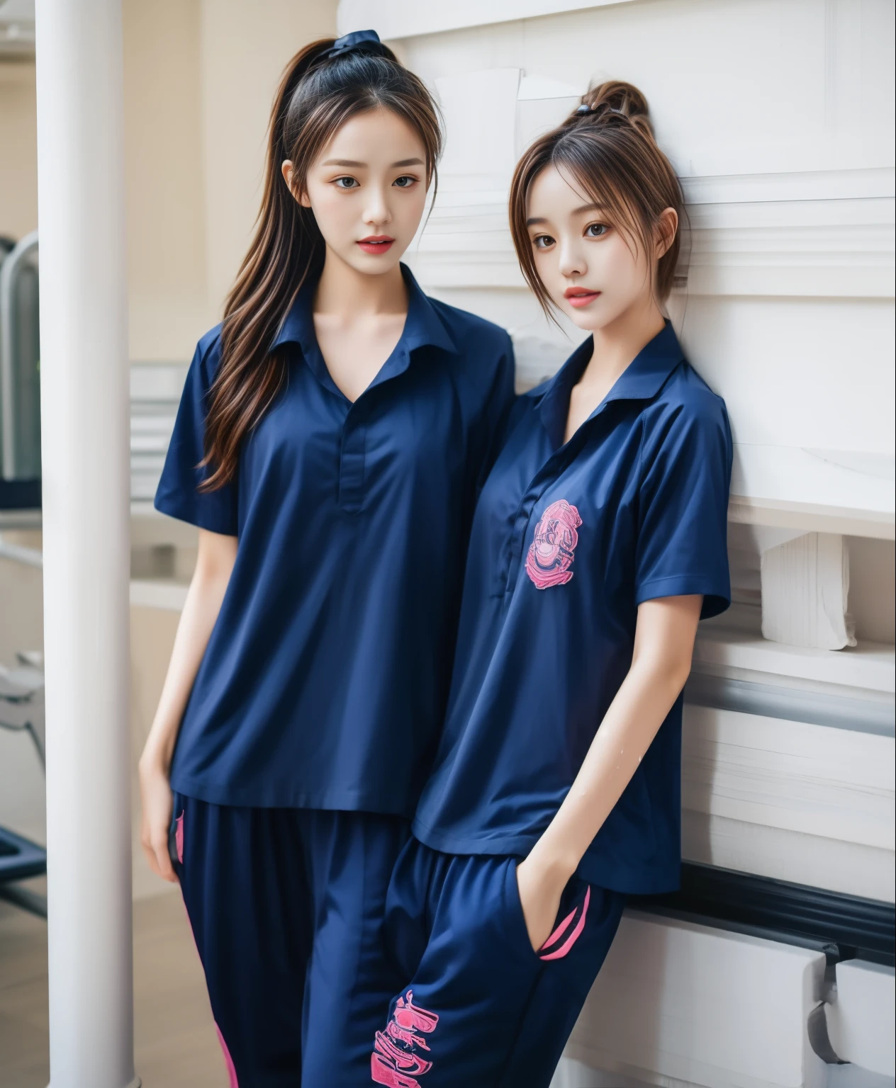 3 girls in fitness center, Navy blue short-sleeved shirt,Navy Long Trackpant,Sweatpants, Sweatpantsขายาว,25 year old girl, lesbian, sexy, exercise clothes, wet body, exercise clothes