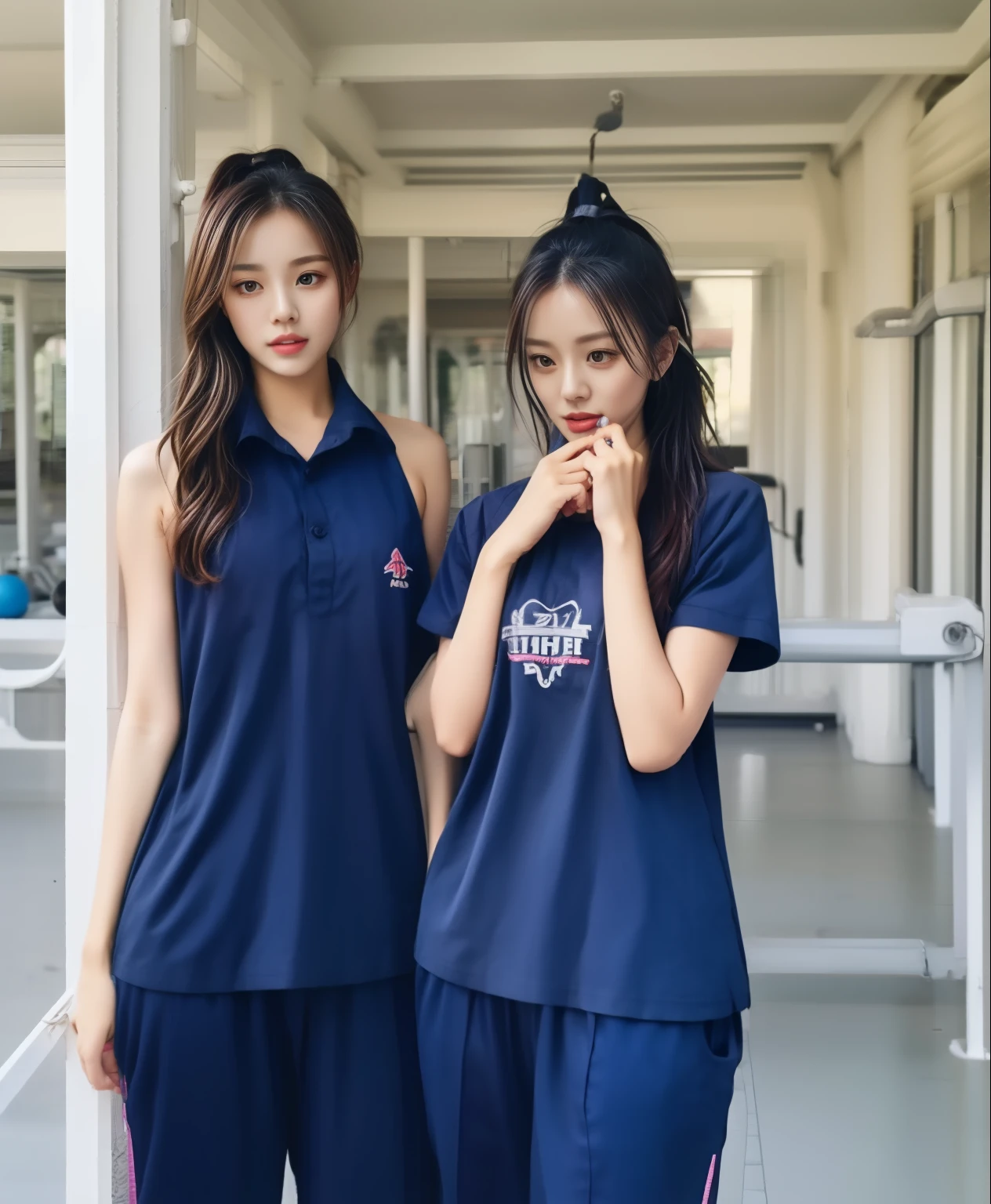 3 girls in fitness center, Navy blue short-sleeved shirt,Navy Long Trackpant,Sweatpants, Sweatpantsขายาว,25 year old girl, lesbian, sexy, exercise clothes, wet body, exercise clothes