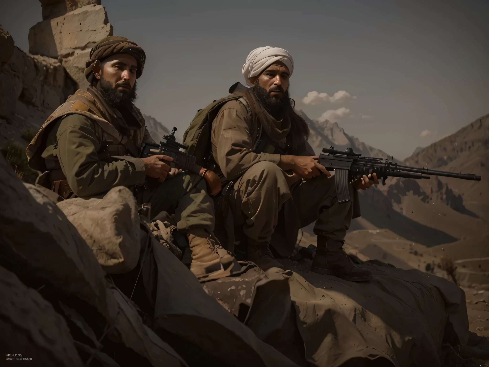 dos Soldado masculino, Arab face, piel oscura, Barba negra gruesa, se cubren la cabeza con un turbante, He wears typical beige and white Arab clothing, chaleco antibalas, Belt with ammunition, Llevan un rifle de asalto esstilo sovietico, It is in the mountains of Afghanistan, 4k , ultra detallado image, Realista, muy detallado, perfect composition, gorgeous, Intrincadamente detallado, incredibly detailed, 8 k artistic photography, hiper detallado, obra maestra, ultra detallado, hyper Realista, 4k, ultra detallado image, Realista, muy detallado , perfect composition , hermoso, Intrincadamente detallado, incredibly detailed, 8K fine art photography, hiper detallado, obra maestra