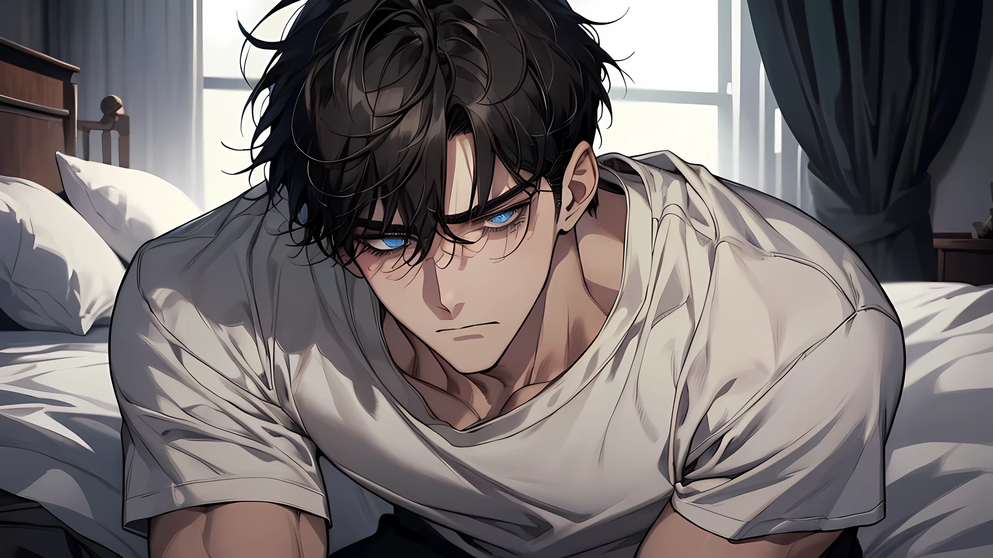 A Sad boy Crying in dark room, male, Night, bed, there is 21 years old handsome guy,White T-shirt,black long pants,A gentle face,A dark-haired、sad face, frown, Eyes drawn in detail、a handsome、Cinematic power、detailed eyes, detailed face, detailed nose