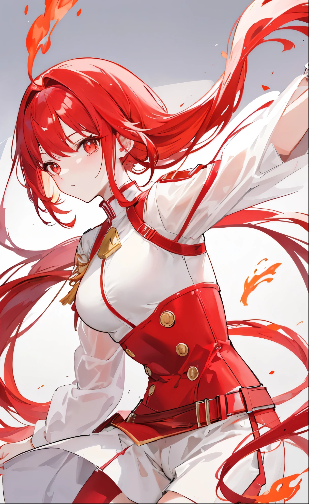 Slightly light red hair，The hair is very thin and shiny，long high ponytail，Red and white cute clothes，The clothes have a leathery and milky feel，The body is relatively tall，relatively slendeery pupils，Tender face，fire element phoenix，Cute beautiful girl