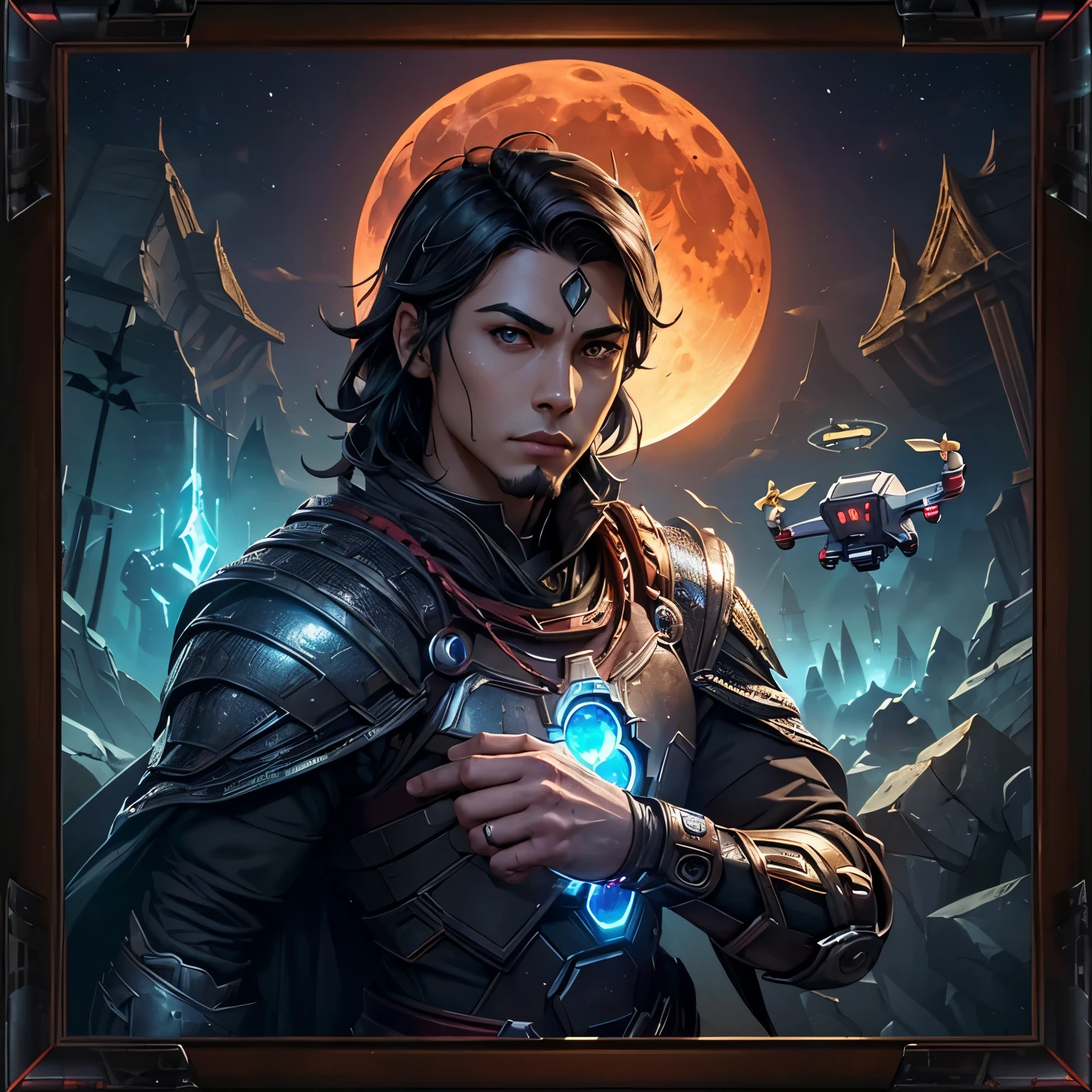 (((A white male human scholar with black hair in ironman inspired hextech platemail centered in the foreground performing a endearing pose))), (((Arcane Vestments covering chainmail armor))),dark fantasy, dark atmosphere, forest, ((night)), moon, glowing butterflies, volumetric lighting, best quality, masterpiece, intricate details, tonemapping, sharp focus, very detailed, trending on Artstation, realistic, trending in artstation 4k, 8k, cinematic lighting, (((Full blood moon vibrantly lighting the scene))), ((colorful)), (((Framed Picture))), (((Companion dwemer drone)))