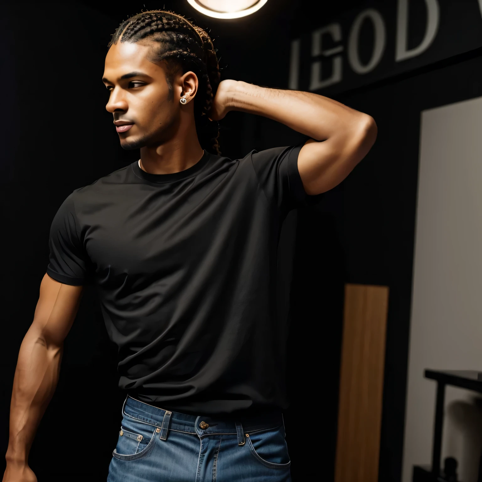 man posing for a photo, wearing elegant, blue jeans pants and black t-shirt, light black skin, good hand, 4k, high-res, masterpiece, best quality, head:1.3,((Hasselblad photography)), finely detailed skin, sharp focus, (cinematic lighting), daylight, soft lighting, dynamic angle, [:(detailed face:1.2):0.2],(((music studio))), no tattoos, braided hair tied in a ponytail. 1.78m tall. Normal body
