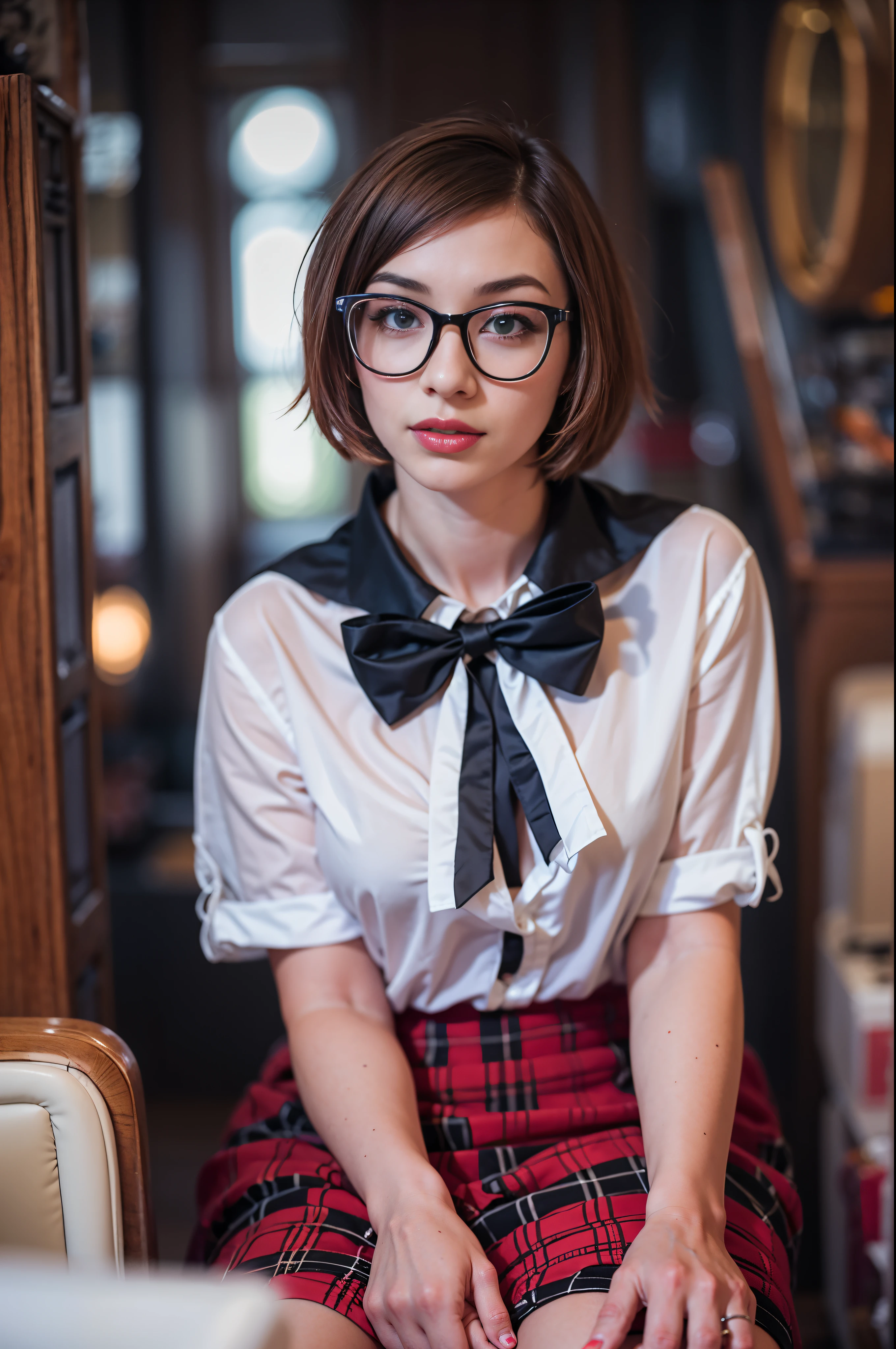 A photo of a young, nerdy woman sitting in random places, wearing a random shirt and a bow, surrounded by a cozy atmosphere, looking at the viewer.
short hair, slender, red lips, transparent fabric, flirting with the camera, closeups cleavage, adult photo