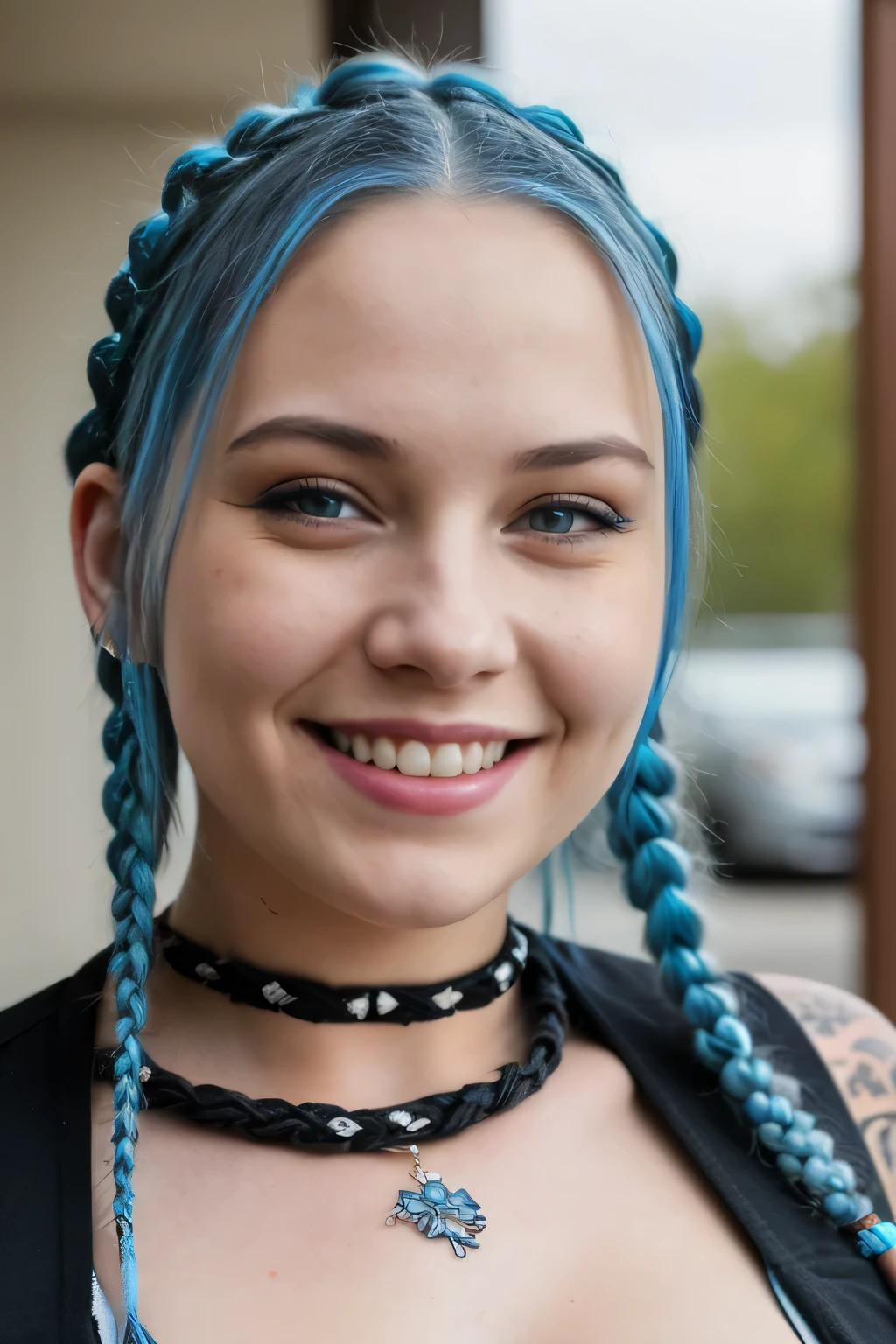 lots of definition, super focus, medium cinematic half-body portrait of young alternative blue hair in braids, big ass, big breasts, medium breasts, sexy smile, main light, backlight, natural lighting, photography 400 ISO film granulation 30mm lens f1.8 RAW aperture, fine art photographer, Lord of the Rings movie poster, large intricate print, choker, tattoos