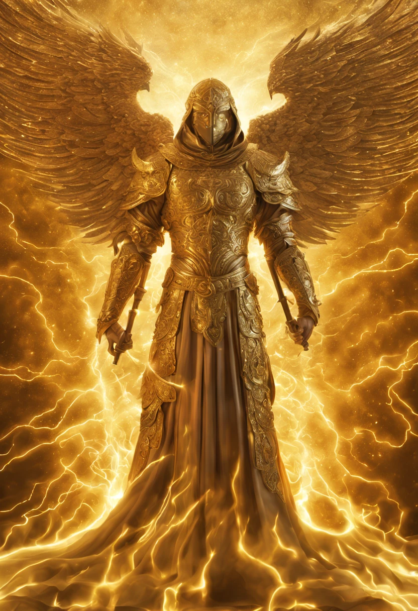 1 golden angel full of armour standing in the middle of pallace , holding a golden fire sword, thick wide luxury giant pallace, square shape, wide view in the middle of golden cloud full of shine thunder and striking thunder, dramatic scenario in heaven, mind-bending quantum encryption emerges, evoking nightmarish visions of unknown dimensions. This high photograph captures an otherworldly realm, where the subject, a mysterious figure, appears cloaked in a celestial mesh of glowing fractals. The image, of exceptional clarity and precision, showcases intricate details with a surreal luminosity. As each pixel is meticulously crafted, the composition seamlessly merges the enigmatic encryption with the intricate , creating a bewildering and captivating sensation.