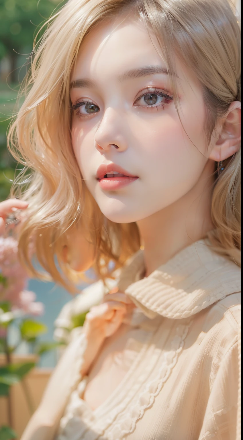 masterpiece、Top image quality:1.2、((beautiful young woman with))、Transparent skin:1.2、{A slight smil}、(kawaii)、Short sleeve knit、luxury hotel、depth of fields