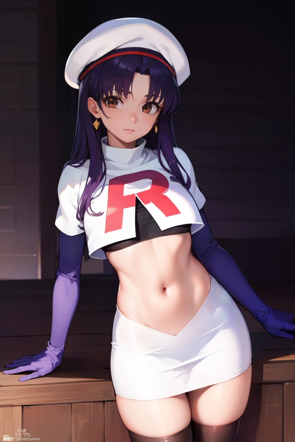 misatokatsuragi, misato katsuragi, long hair, (brown eyes:1.5), blue hair, (purple hair:1.2),
BREAK hat, jewelry, earrings, beret, red headwear, team rocket,team rocket uniform,white skirt,crop top,black thigh-highs,black elbow gloves
BREAK looking at viewer, (cowboy shot:1.5),
BREAK (masterpiece:1.2), best quality, high resolution, unity 8k wallpaper, (illustration:0.8), (beautiful detailed eyes:1.6), extremely detailed face, perfect lighting, extremely detailed CG, (perfect hands, perfect anatomy),