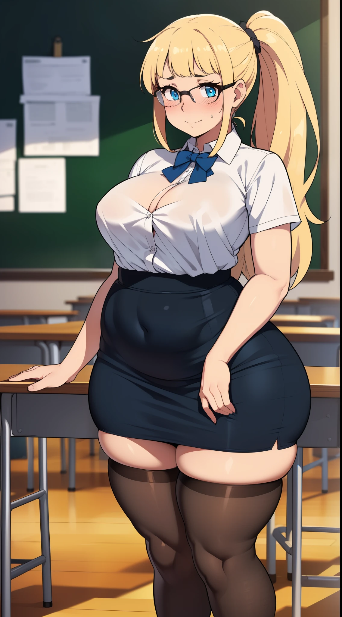 ((((kipteitei art)))), ((highres)),Masterpiece, high quality, best quality, beautiful, perfect lighting, detailed face, ultra cute face, ((1girl)), ((solo), long blonde hair, ponytail, blue eyes, glasses, embarrassed, ((blushing)), looking at viewer, arms crossed, standing in a classroom, (classroom), daytime, dress shirt, pencil skirt, thigh highs, (wide hips), ((thick thighs)), chubby, medium breasts, perky breasts, 24 year old female,