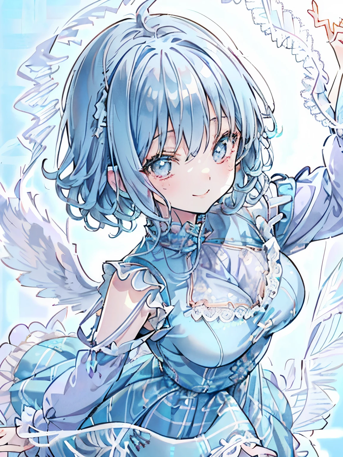 girl,light blue hair,Short hair with soft perm,((Angle from above:1.5)),((close up of face:1.3)),pastel colored background,cute atmosphere,Plaid,((Active and cute pose:1.3)),((smile)),((A slightly sexy fluffy long sleeve dress with lots of lace:1.35)),((Musical scorebackground:1.2)),(((one-winged angel:1.2))),((valley:1.3))