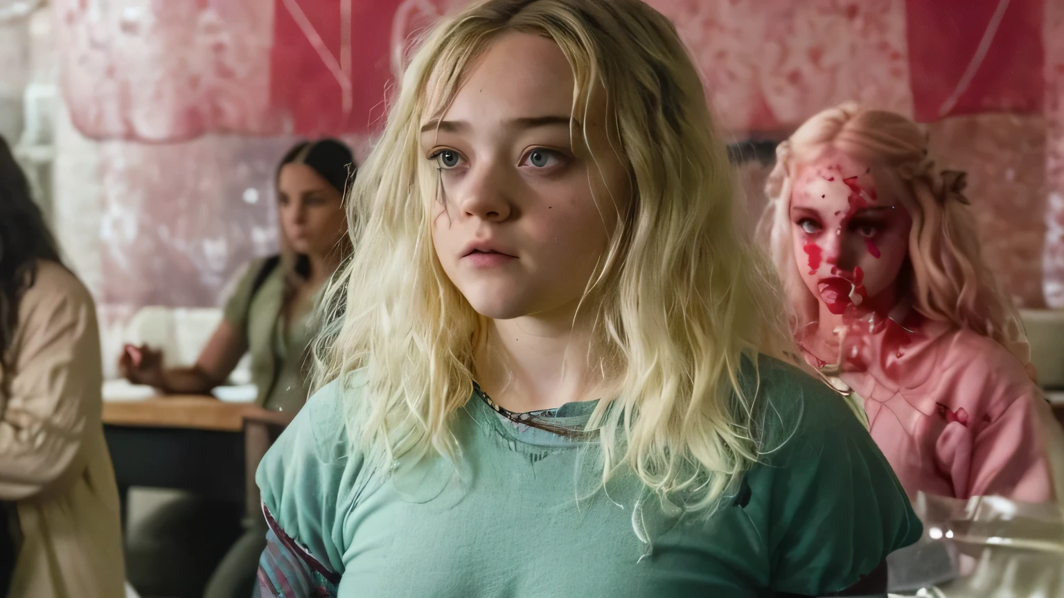 a woman with a knife in her hand standing in a room with blood on her face, Sydney Sweeney, movie still of the alien girl, julia garner, ela tem cabelo loiro, Gwen Stacy, captura de tela de um filme, Filmado do filme, pele clara cabelo loiro cacheado, Filme ainda de Arlequina, Dakota Fanning, Annasophia Robb como Link