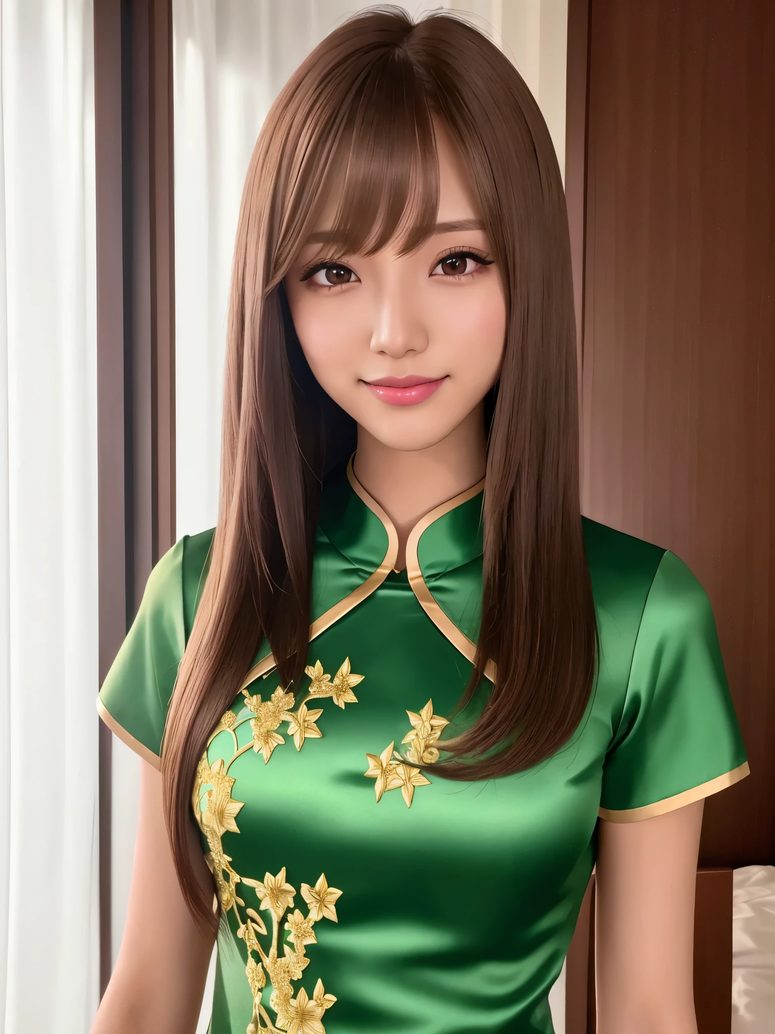 product quality, 1girl, upper body shot, front view, a Japanese young pretty girl, long bob hair, standing with a big smile in a luxury hotel room, glamorous figure, wearing short sleeves shiny satin green cheongsam with many flower pattern embroideries with collared, hyper cute face, glossy lips, double eyelids in both eyes, natural makeup, long eyelashes, shiny smooth light brown long bob hair, asymmetrical bangs, a tanned skin, central image, high resolution, high detail, detailed hairstyle, detailed face, spectacular cinematic lighting, octane rendering, vibrant, hyper realistic, perfect limbs, perfect anatomy