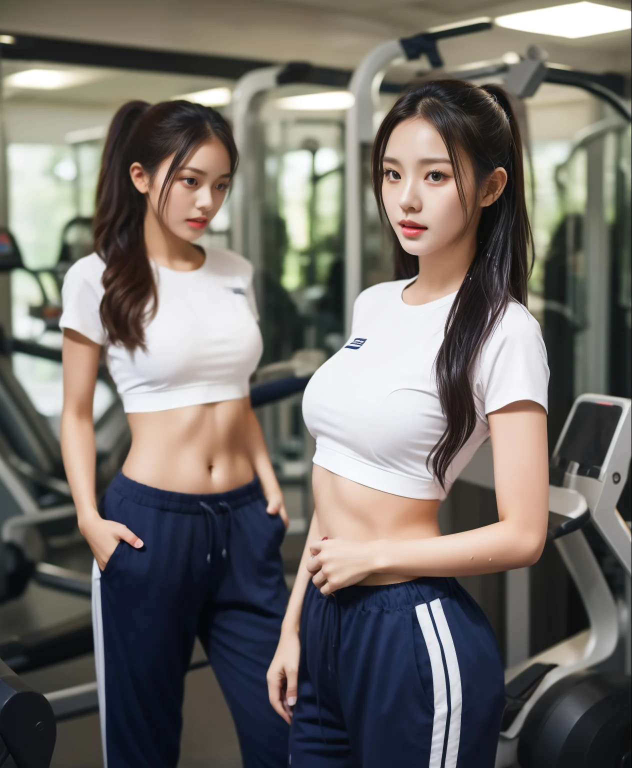 3 girls in fitness center, Navy blue short-sleeved shirt,Navy Long Trackpant,Sweatpants, Sweatpantsขายาว,25 year old girl, lesbian, sexy, exercise clothes, wet body, exercise clothes