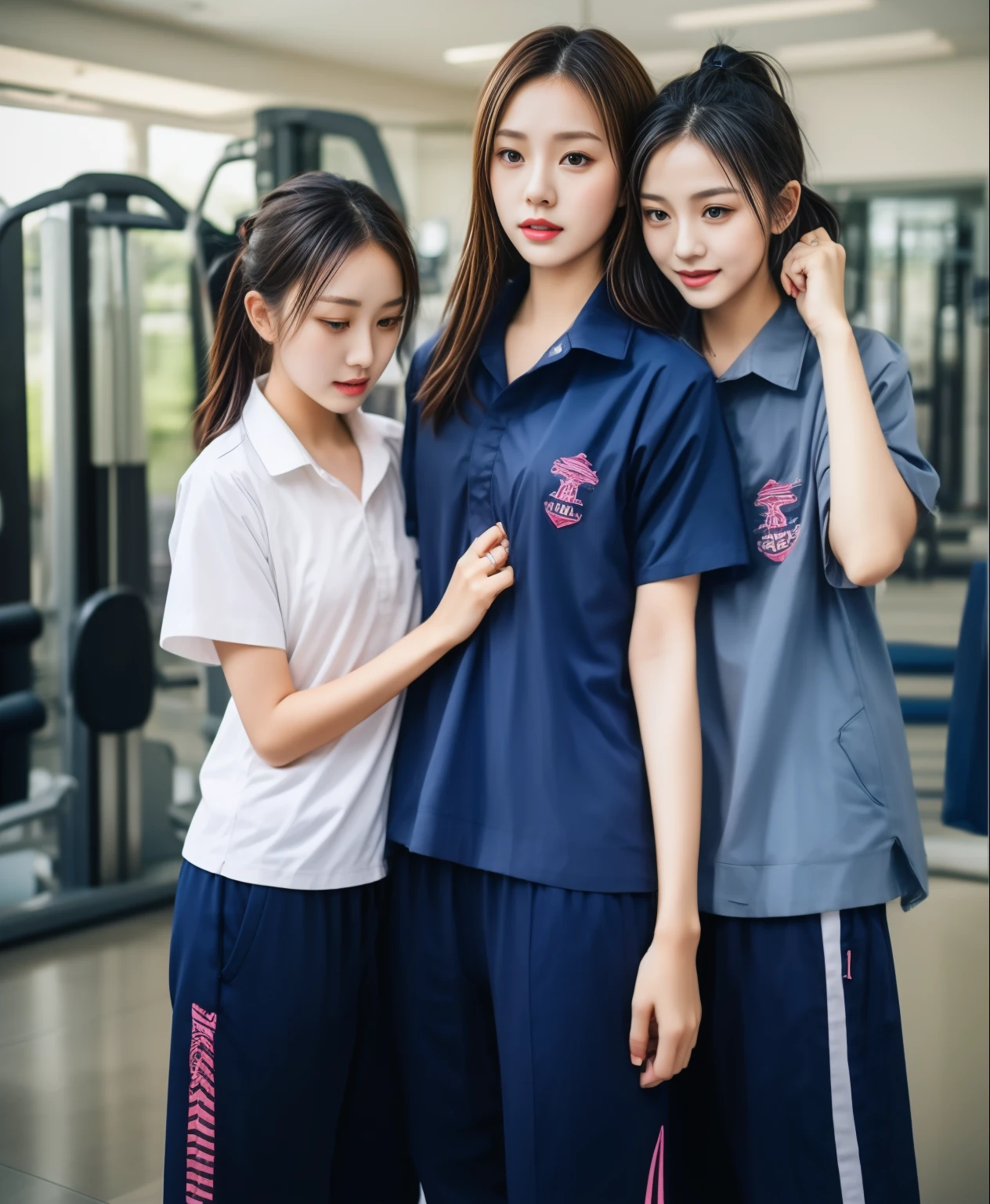 3 girls in fitness center, Navy blue short-sleeved shirt,Navy Long Trackpant,Sweatpants, Sweatpantsขายาว,25 year old girl, lesbian, sexy, exercise clothes, wet body, exercise clothes