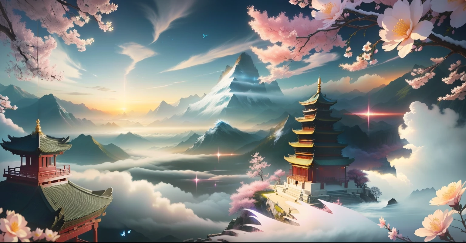 4k highly detailed digital art, anime art wallpaper 8k, anime art wallpaper 4k, anime art wallpaper 4k, 4k high definition illustration wallpaper, 4k anime wallpaper, 4k comic wallpaper, 4k detailed digital art, 8k high quality detailed art, anime wallpaper 4k, anime wallpaper 4k,Flowers and butterflies surround the dark night valley, ancient scenery, Chinese classical architecture, mountains, seas, clouds and mist, games, fairy tales