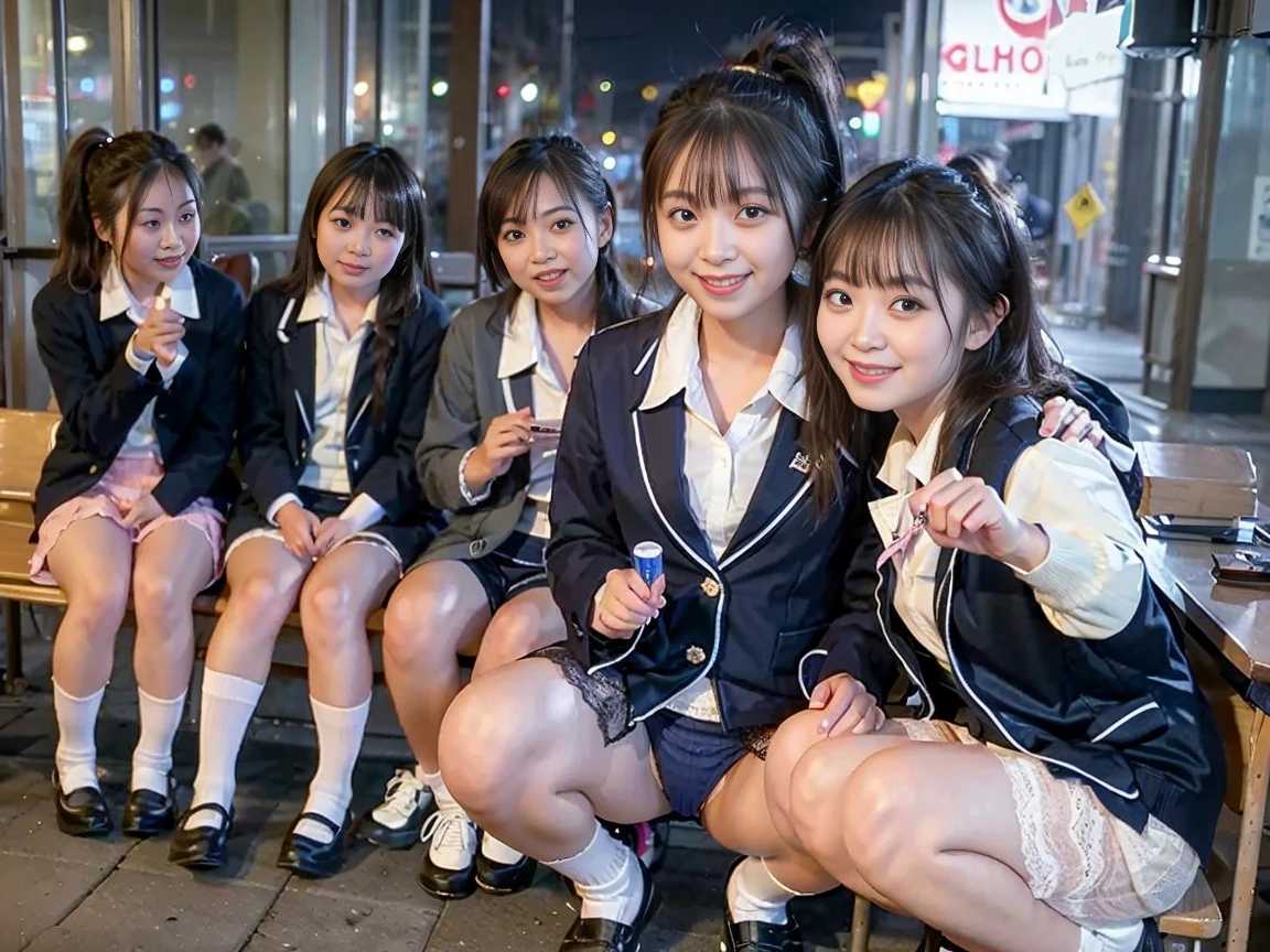 （Highest image quality、highest quality、highest resolution、masterpiece、detailed、real photos）、Beautiful and cute 17 year old high school girl、looking at the camera、((ponytail、Pink lip balm、smile))、((full body shot))、((Low - Angle))、(Quite small)、(Quite lean body)、((Public high school navy blue blazer uniform、Dark blue checked miniskirt:1.2))、((White open collar shirt、White lace bra and white lace panties:1.2))、((Lift your skirt and show your white lace panties to the camera:1.2))、((Squat down and spread your legs wide:1.2))、((Khaki cardigan、white socks、black loafers、Take a selfie with your smartphone、black bag with stuffed animal))、((The location is downtown Tokyo at night.、After school, four of my friends are playing in a crowded game center.:1.2))、((I have a lot of friends behind me))