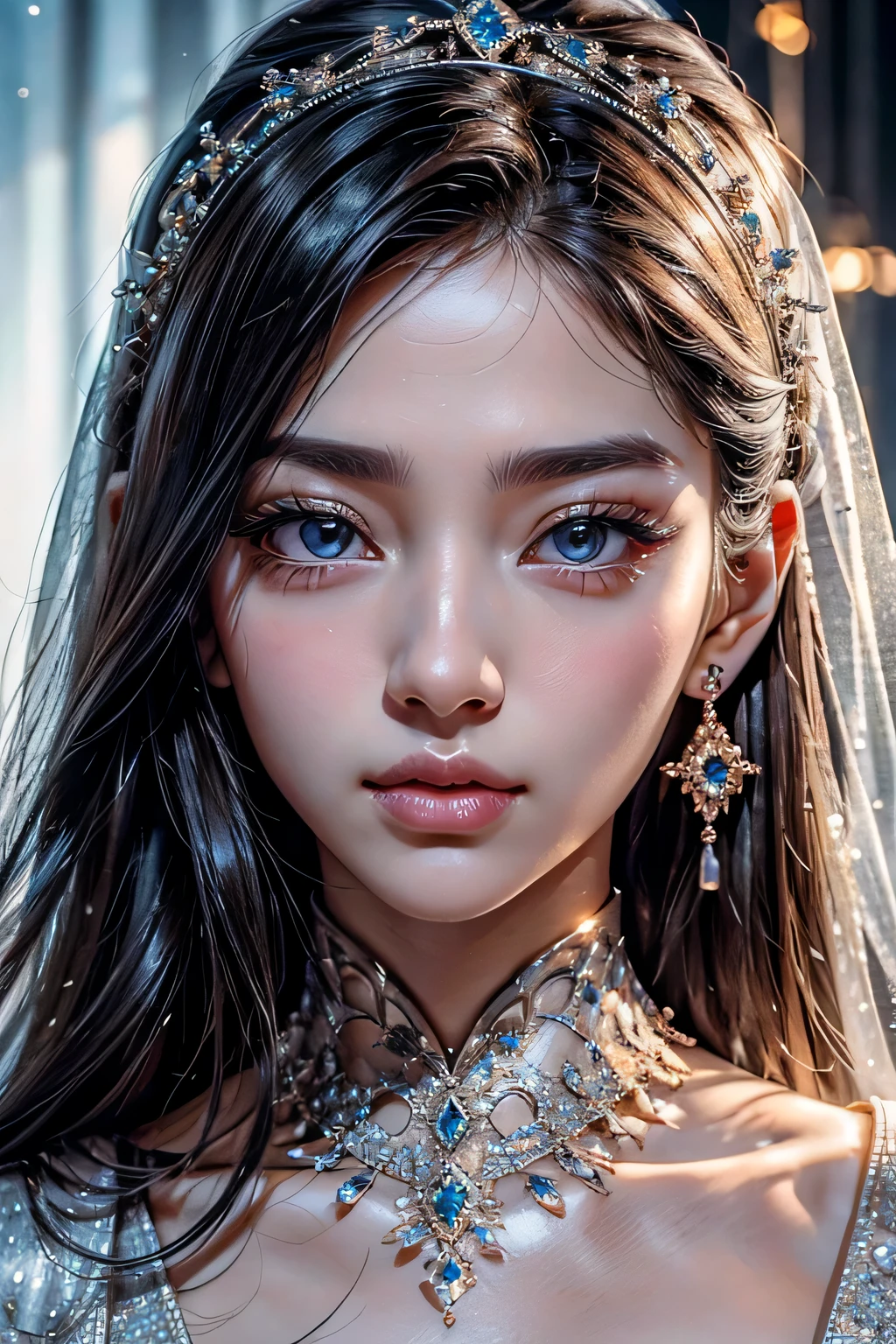 High resolution、no makeup、8k、close-up image、high nose、long jaw、narrow eyes、white skin、fashion show、Glittering costumes、intellectual beauty、clear eyes、transparent skin、beautiful fingers