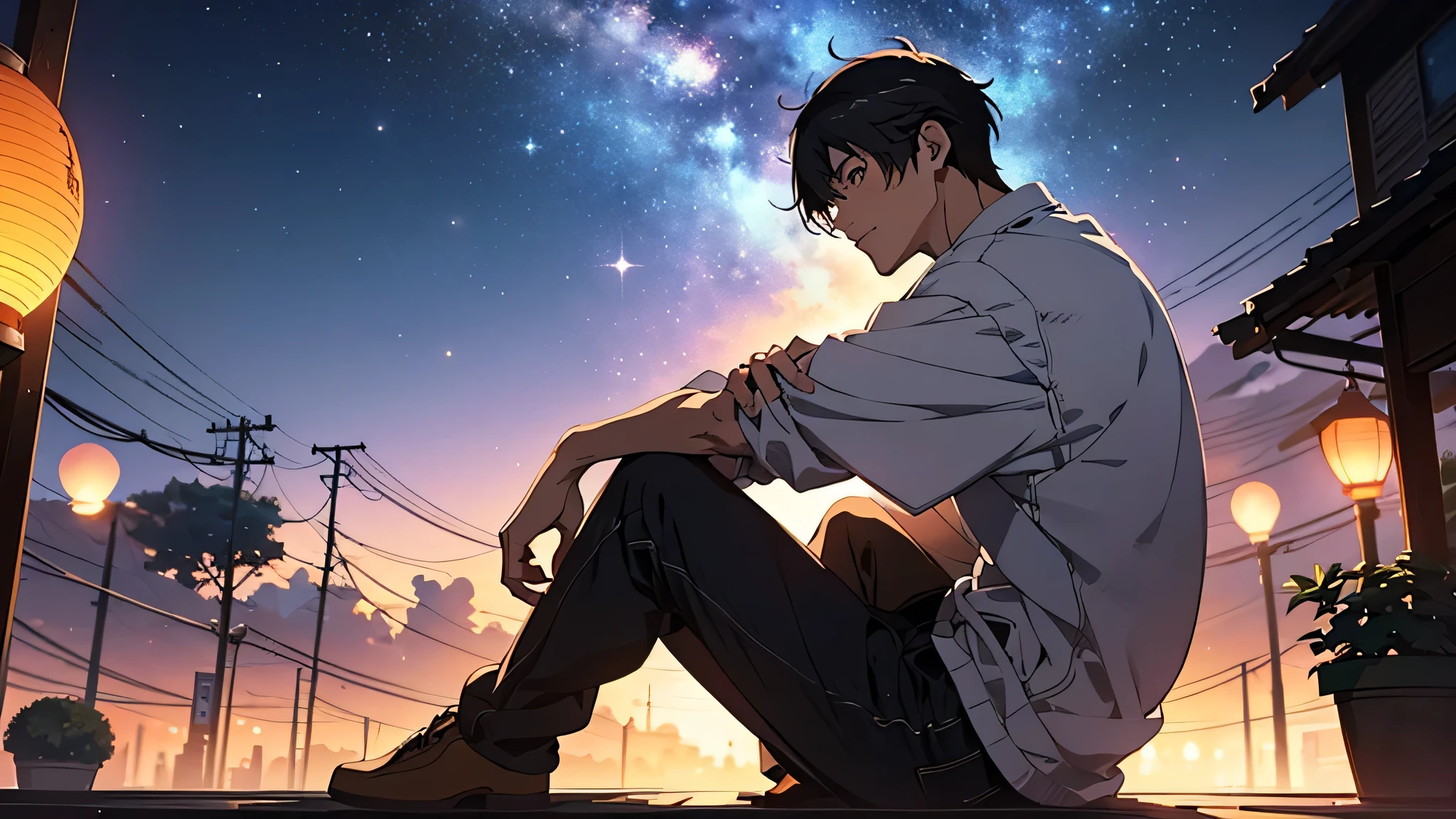 Anime guy sitting on the ground looking at the sky - SeaArt AI