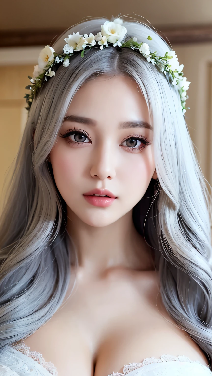 (beautiful detailed eyes, beautiful detailed lips, extremely detailed eyes and face, long eyelashes), voluptuous, curvaceous body, flower crown, white hair, curly hair, long hair, heavy bangs, luxurious dress, thick white eyebrows