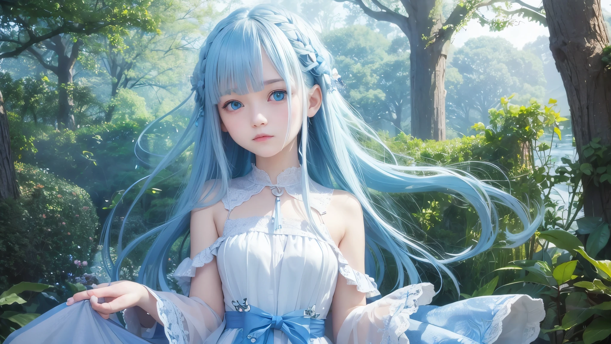 front、A girl about 、Super Long Hair、White-light blue hair、Honey-colored eyes、Fair skin、Simple white dress