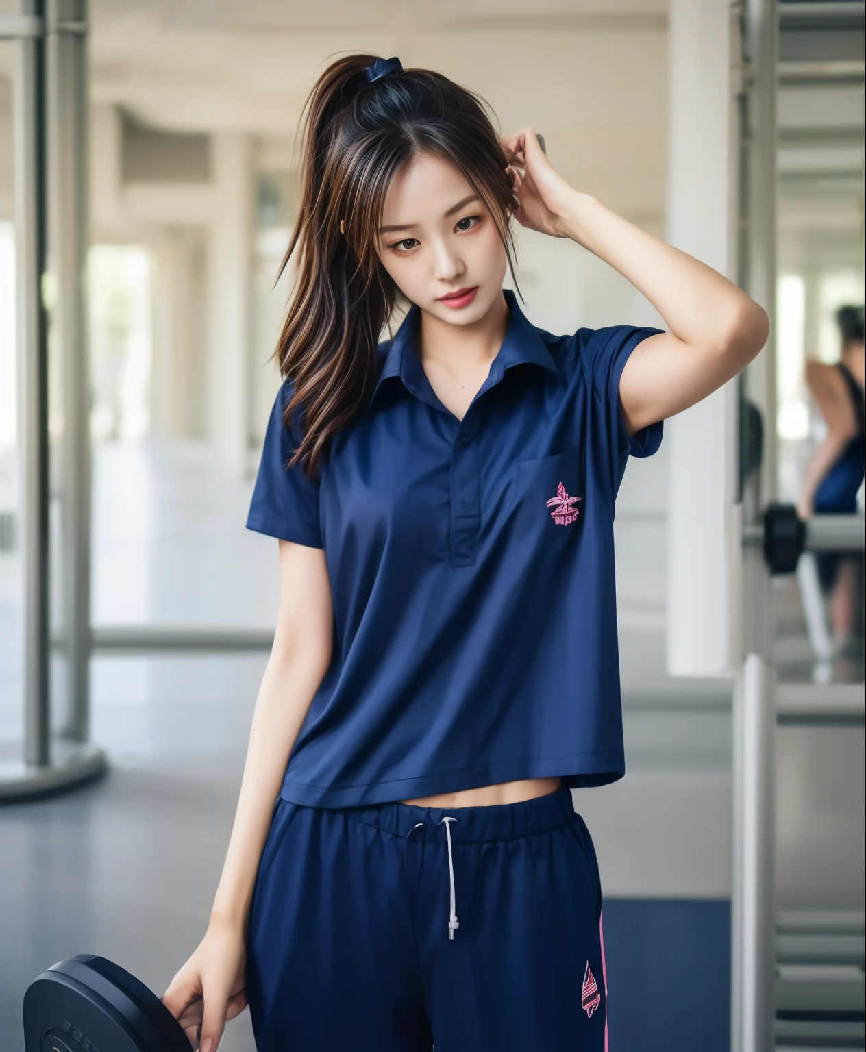 3 girls in fitness center, Navy blue short-sleeved shirt,Navy Long Trackpant,Sweatpants, Sweatpantsขายาว,25 year old girl, lesbian, sexy, exercise clothes, wet body, exercise clothes