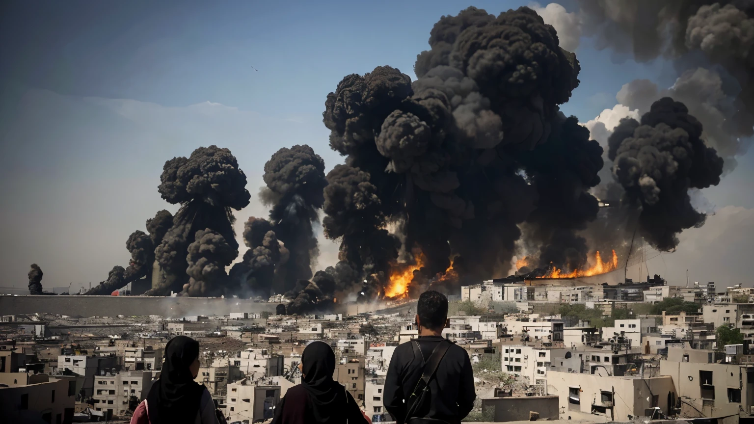 (best quality, realistic),palestinian people with their homes on fire and destroyed,Palestinians in Gaza Strip,families fleeing violence and seeking refuge,war-torn streets and buildings,smoke and debris filling the air,palestinian children crying and scared,women praying for safety and peace,men frantically helping the injured,grief-stricken faces and tearful eyes,plumes of black smoke rising into the sky,devastation and destruction everywhere,a sense of chaos and despair,hope for peace and justice,an international community providing aid and support,broken dreams and shattered lives,the resilience and strength of the palestinian people,an urgent plea for an end to the conflict and a brighter future.