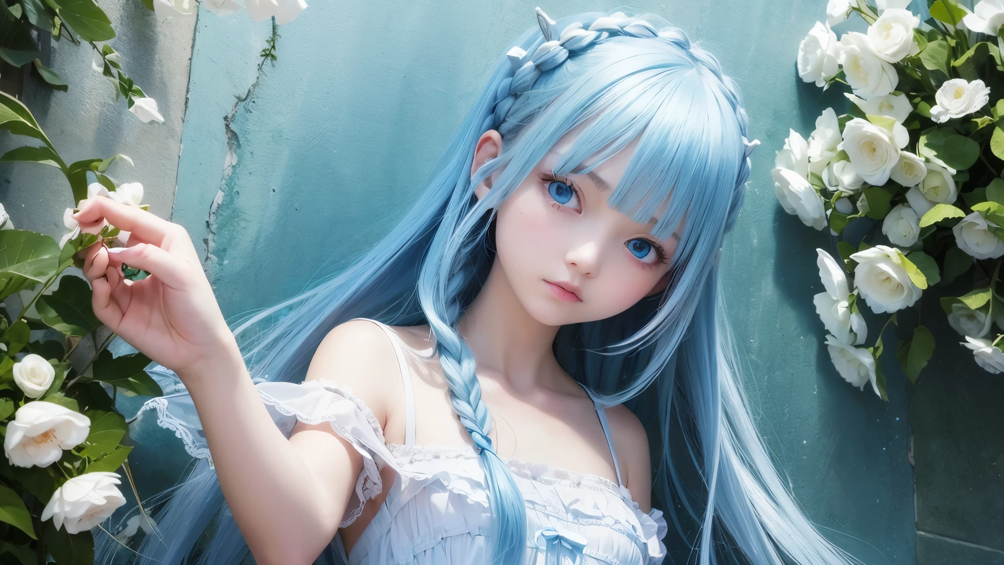 highest quality、masterpiece、Light blue hair、blue eyes、white clothes、look up、Upper body、hair、Fair skin、side braids、cute face girl