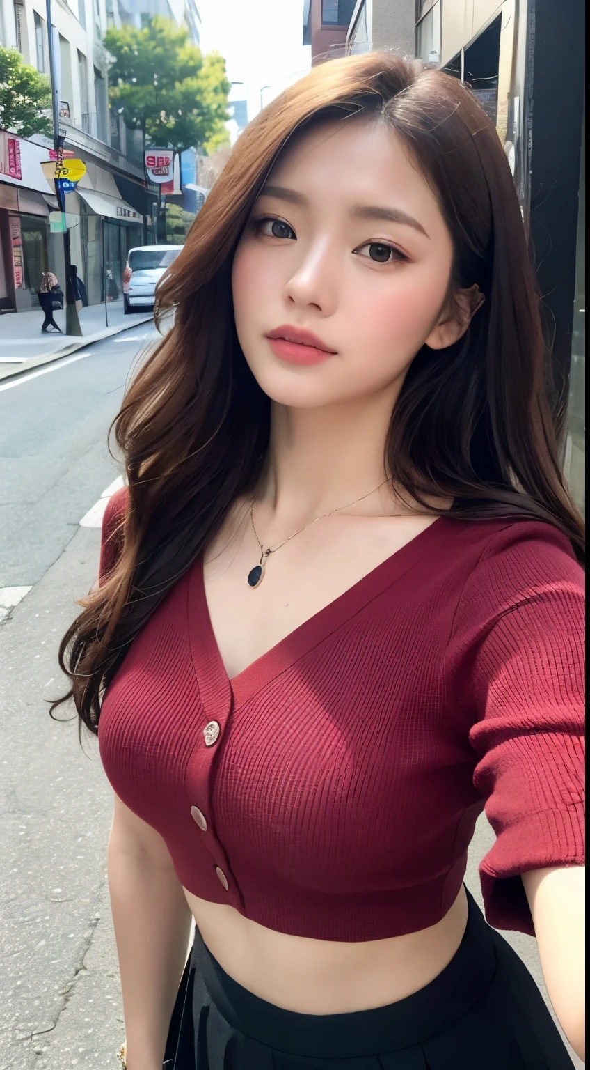 (best qualtiy,A high resolution,tmasterpiece:1.3),A tall and beautiful woman,Slender abs,Dark brown hair in loose wavy styling,Wearing a necklace,Red buttoned shirt,obi strip,Black skirt,Outdoor street,Beautifully rendered details in face and skin textures,Detailed eyes,二重まぶた,Selfie angle,手拿手提包。
