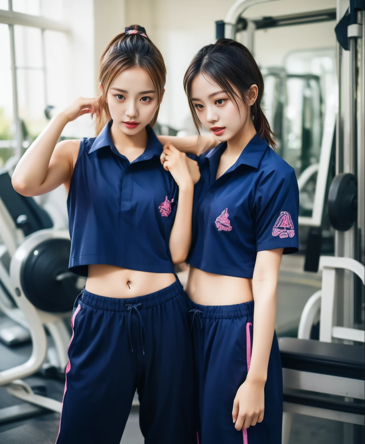 3 girls in fitness center, Navy blue short-sleeved shirt,Navy Long Trackpant,Sweatpants, Sweatpantsขายาว,25 year old girl, lesbian, sexy, exercise clothes, wet body, exercise clothes