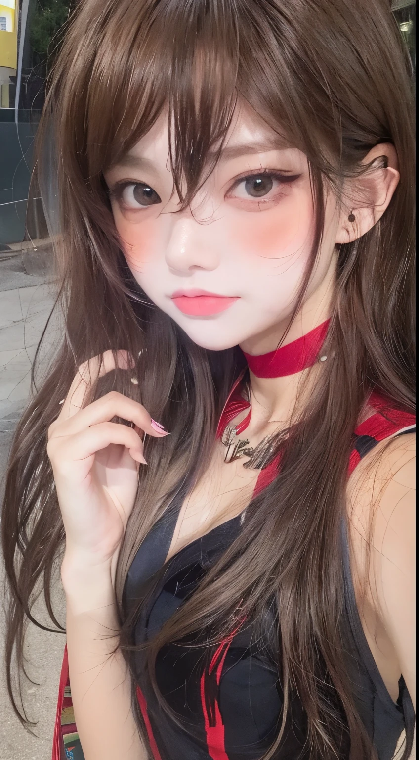 （best qualtiy，A high resolution，tmasterpiece：1.3），A tall and beautiful woman，Slender abs，Dark brown hair in loose wavy styling，Wearing a necklace，Red buttoned shirt，obi strip，Black skirt，Outdoor street，Beautifully rendered details in face and skin textures，Detailed eyes，二重まぶた，Selfie angle，手拿手提包。