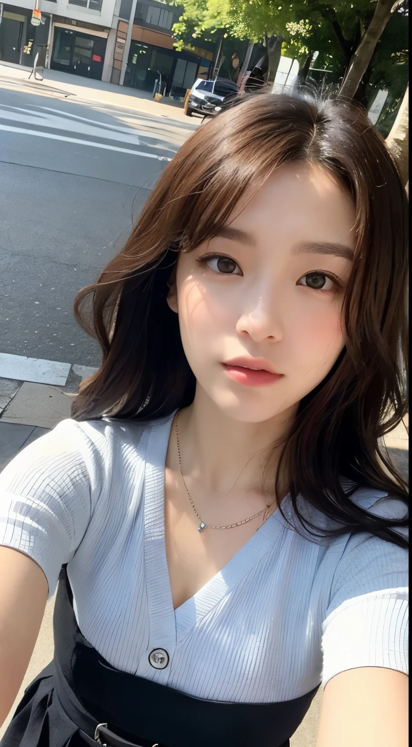 (best qualtiy,A high resolution,tmasterpiece:1.3),A tall and beautiful woman,Slender abs,Dark brown hair in loose wavy styling,Wearing a necklace,Red buttoned shirt,obi strip,Black skirt,Outdoor street,Beautifully rendered details in face and skin textures,Detailed eyes,二重まぶた,Selfie angle,手拿手提包。