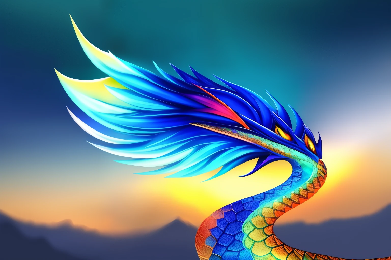 there is a blue dragon with yellow feathers flying through the air, dragon tail, Winged dragon snake, dragon tailed, blue scale dragon, Fire Serpent, metal dragon tail, Flame Dragon Snake, cyan chinese dragon fantasy, great mystical winged serpent, Dragon as background, smooth chinese dragon, Dragon scales across the hairline, Phoenix Dragon, blue dragon