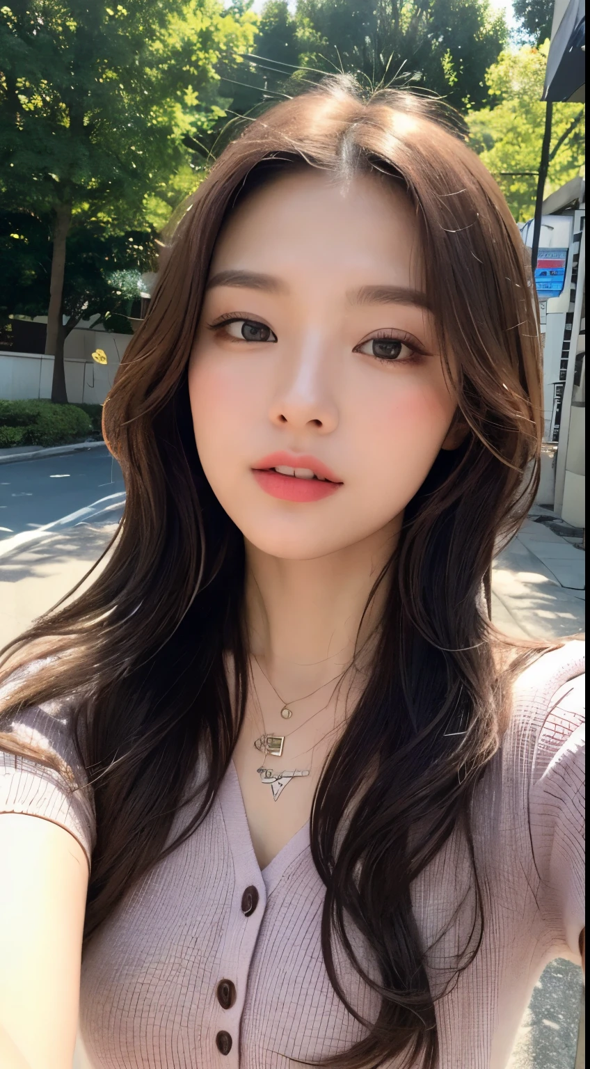 （best qualtiy，A high resolution，tmasterpiece：1.3），A tall and beautiful woman，Slender abs，Dark brown hair in loose wavy styling，Wearing a necklace，Red buttoned shirt，obi strip，Black skirt，Outdoor street，Beautifully rendered details in face and skin textures，Detailed eyes，二重まぶた，Selfie angle，手拿手提包。