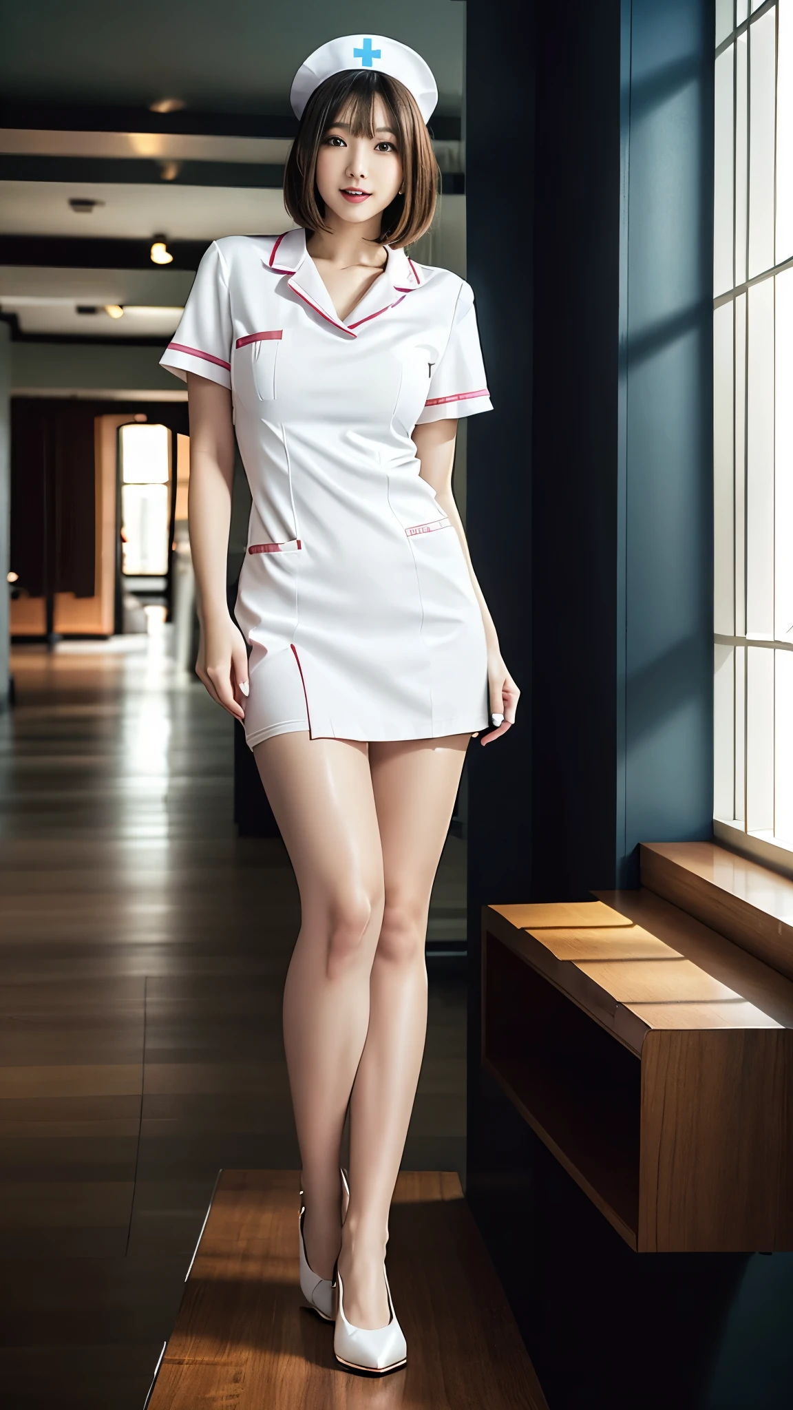 (NSFW:0.9), 1 girl,nurse，25 year old beautiful woman，alone, Hospital corridor，Best Smile, small breasts, white trench coat nurse uniform，open clothes, slender body shape，small pink lace bra:1.5，small pink lace panties:1.5，Fancy makeup with red eyeshadow，Brown short cut with side waves，