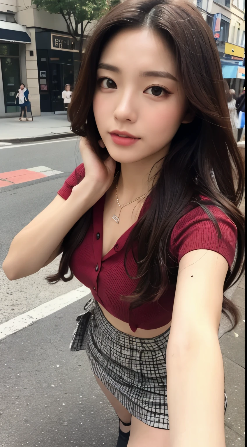 （best qualtiy，A high resolution，tmasterpiece：1.3），A tall and beautiful woman，Slender abs，Dark brown hair in loose wavy styling，Wearing a necklace，Red buttoned shirt，obi strip，Black skirt，Outdoor street，Beautifully rendered details in face and skin textures，Detailed eyes，二重まぶた，Selfie angle，手拿手提包。