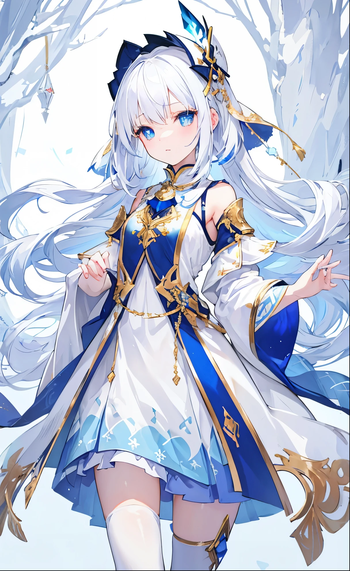 white snow hair,blue pupils,very stunning,Petite and cute little sweet girl,Soft and waxy texture of clothes,Inlaid with gold trim