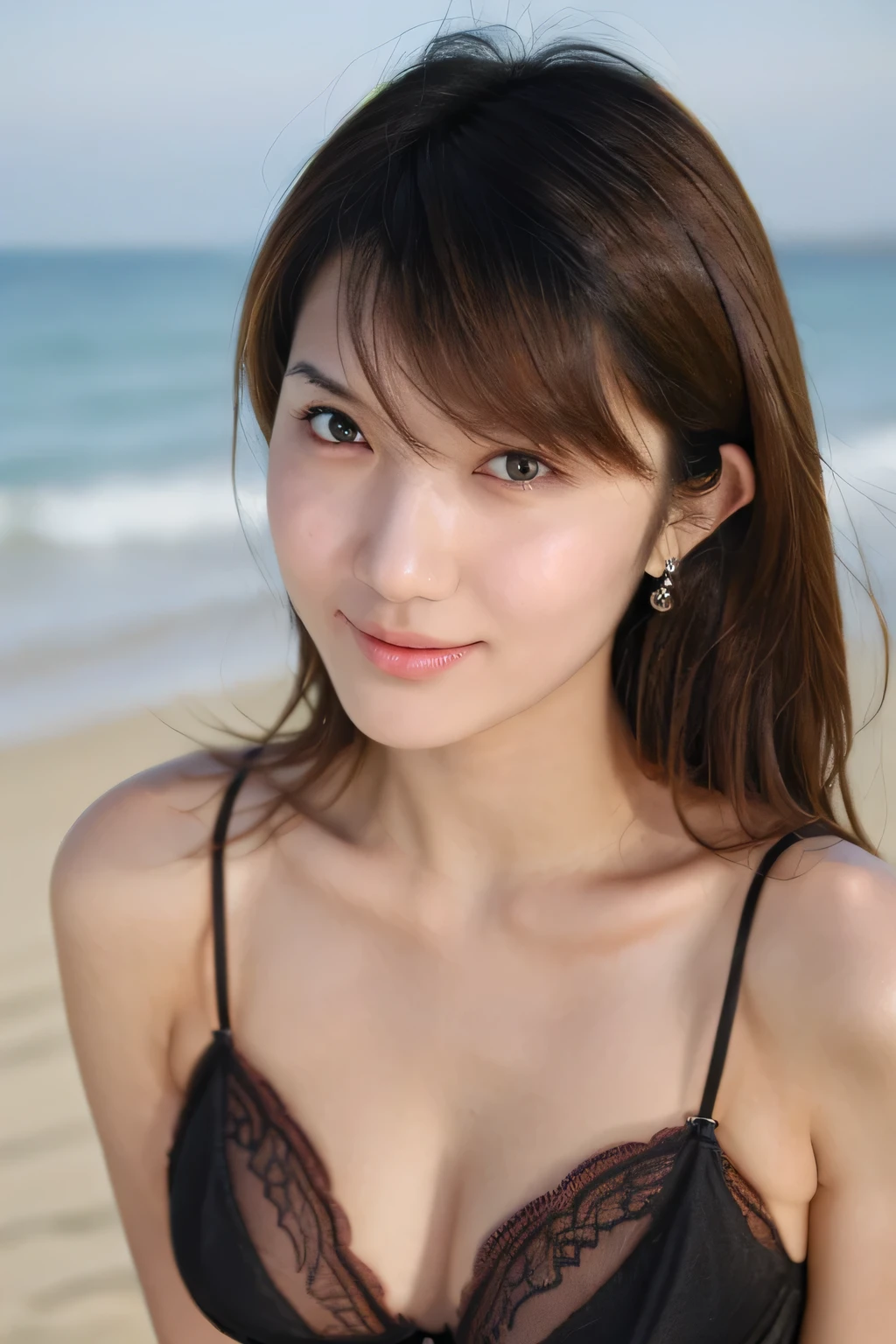 ((highest quality、8K resolution、master masterpiece、portrait:1.3)), Photoreal, 35mm film, 1 Japanese female,Beautiful woman, On the street in the daytime, wrinkles around the eyes, plump body,smile,((black sexy lingerie:1.3)) , (on the beach: 1.3), jumbled background,look at the audience