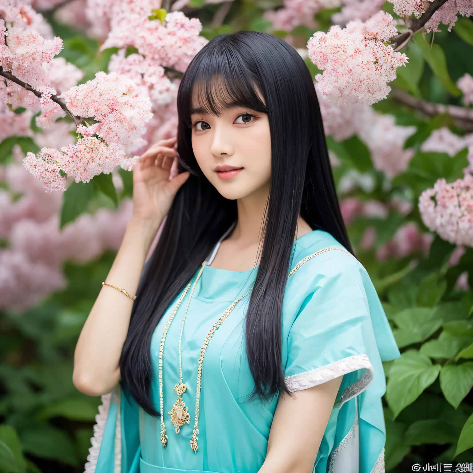 Seorang perempuan cantik rambut lurus panjang memakai bando bunga, memakai baju khas jepang warna biru muda, sedang berdiri di bawah pohon sakura warna putih sambil membawa keranjang bunga kecil. Wajah menghadap depan. Foto 3D realistic HD