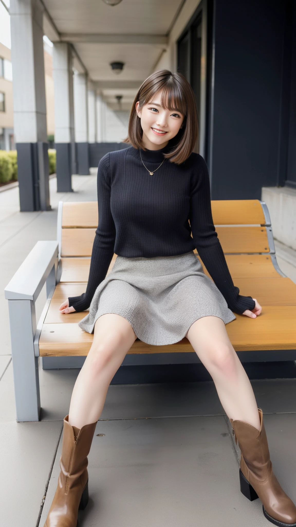 Photo taken by a professional photographer，laughter:1.5，Close-up of a woman squatting on the sidewalk, wearing a sweater, Short-cut brown hair, hair is disheveled，young and cute girl, Wearing a flared skirt，Wear stylish boots，sit on a park bench:1.5，Fancy makeup with red eyeshadow，