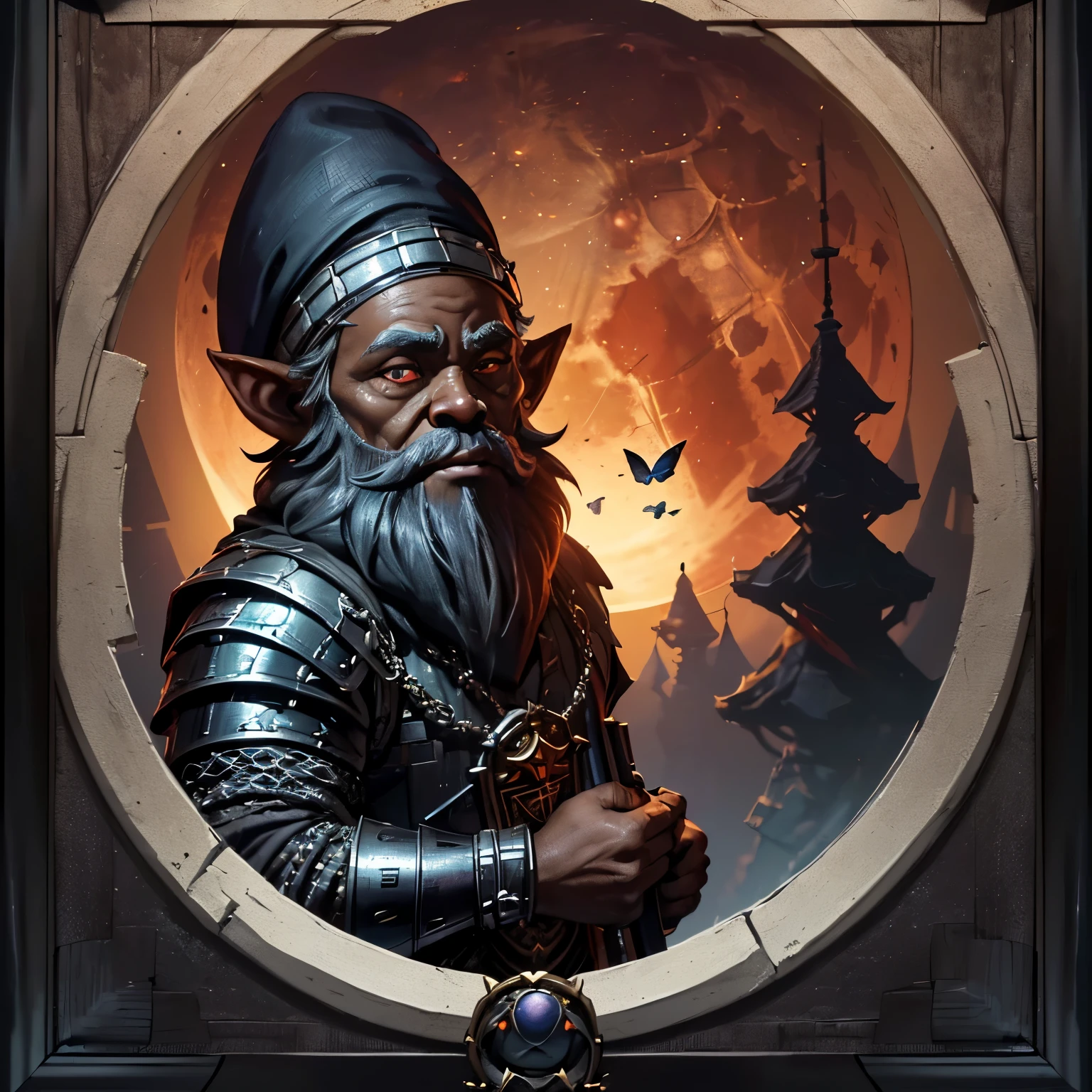 (((A black skinned deep gnome smuggler centered in the foreground performing a kubrick stare))), (((Holy Vestments covering chainmail armor))), (bagpipes), dark fantasy, dark atmosphere, forest, ((night)), moon, glowing butterflies, volumetric lighting, best quality, masterpiece, intricate details, tonemapping, sharp focus, very detailed, trending on Artstation, realistic, trending in artstation 4k, 8k, cinematic lighting, (((Full blood moon vibrantly lighting the scene))), (((fish eye lens))), ((colorful)), (((Framed Character Portrait)))