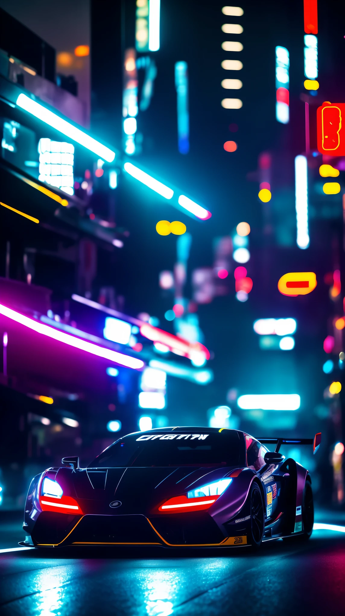 lens [supercar] About illegal competitions [Tokyo streets], [night, neon lights], [low angle], action scene, dynamic action, film grain, motion blur, Epic realism, original photo, Very detailed, 8k, tokyo drift style