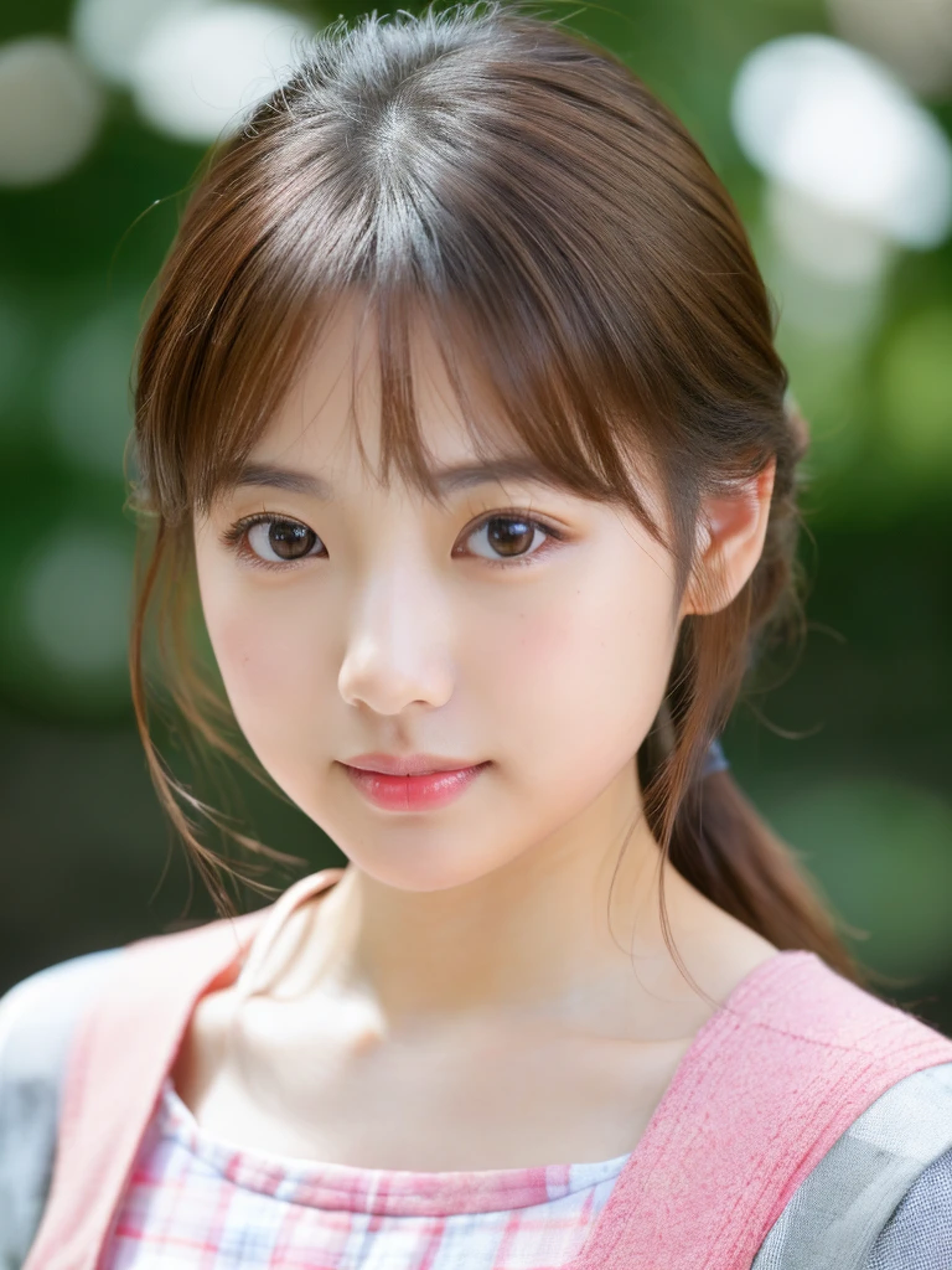 ((cute日本の女の子、beautiful japanese girl、1 girl、19 years old、Highly detailed face and skin texture、super detailed face、highly detailed eyes、Lee Hong、blush、ponytail、close-up of woman、front、cute、Highly detailed face and skin texture、smooth white skin、Transparent skin texture、))、(dark brown hair)、look at the camera、sharp focus：1.2、beautiful woman with perfect style：1.4、japanese model、young gravure idol、若いcuteグラビアアイドル、Realistic young gravure idol、sophisticated gravure idol、((highest quality、8K、masterpiece:1.3、１photograph))、(4K、RAWphotograph、highest quality)、Place someone on the other side of the screen、Natural light、