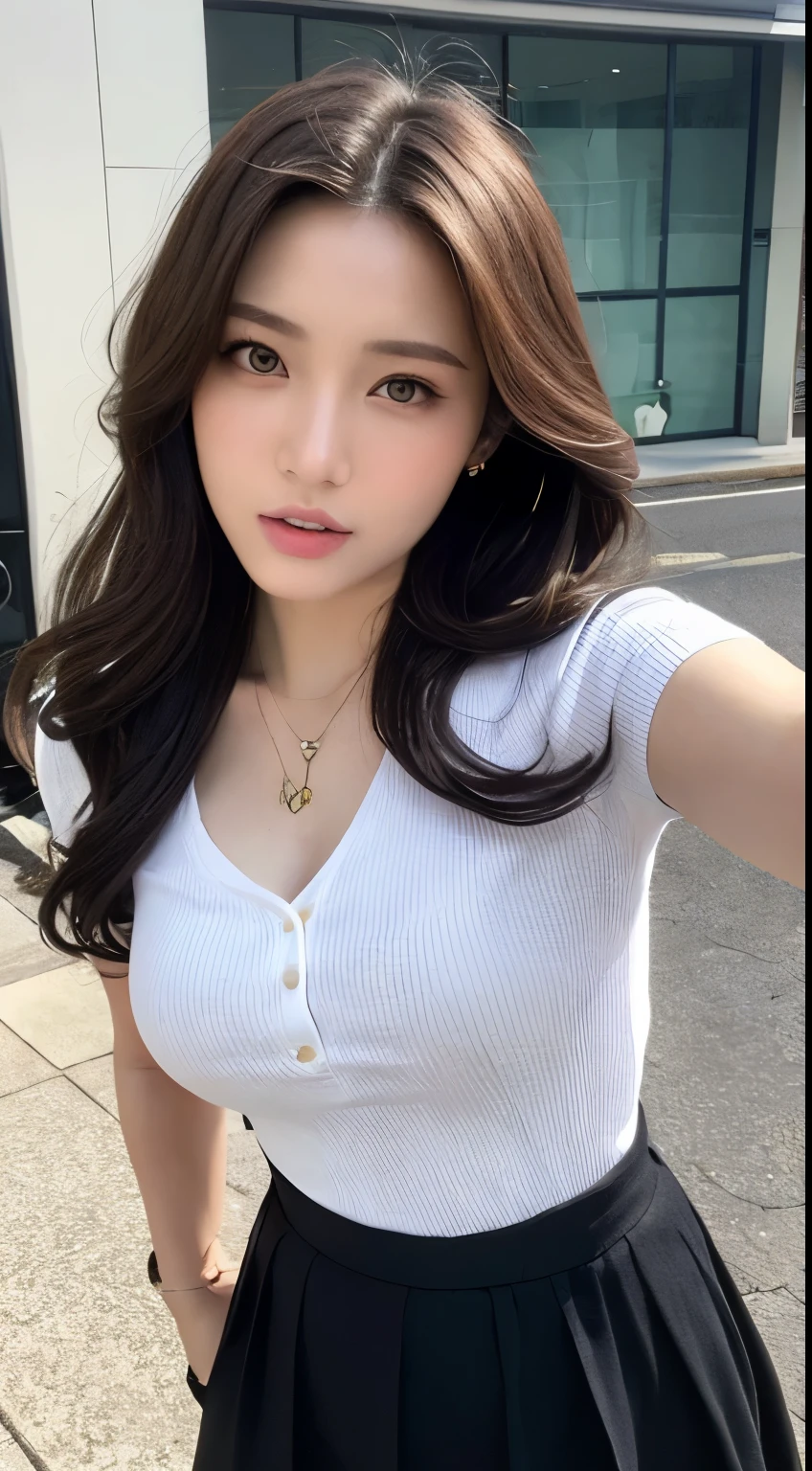 (best qualtiy,A high resolution,tmasterpiece:1.3),A tall and beautiful woman,Slender abs,Dark brown hair in loose wavy styling,Wearing a necklace,Red buttoned shirt,obi strip,Black skirt,Outdoor street,Beautifully rendered details in face and skin textures,Detailed eyes,二重まぶた,Selfie angle,手拿手提包。