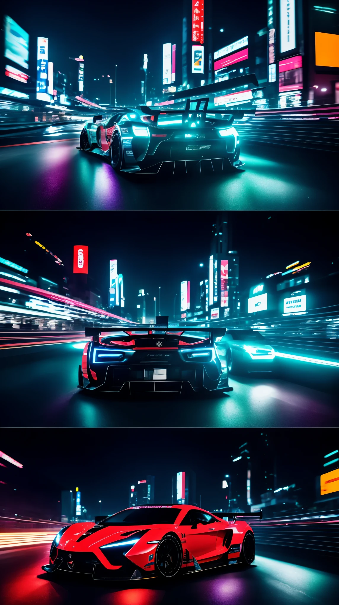 lens [supercar] About illegal competitions [Tokyo streets], [night, neon lights], [low angle], action scene, dynamic action, film grain, motion blur, Epic realism, original photo, Very detailed, 8k, tokyo drift style