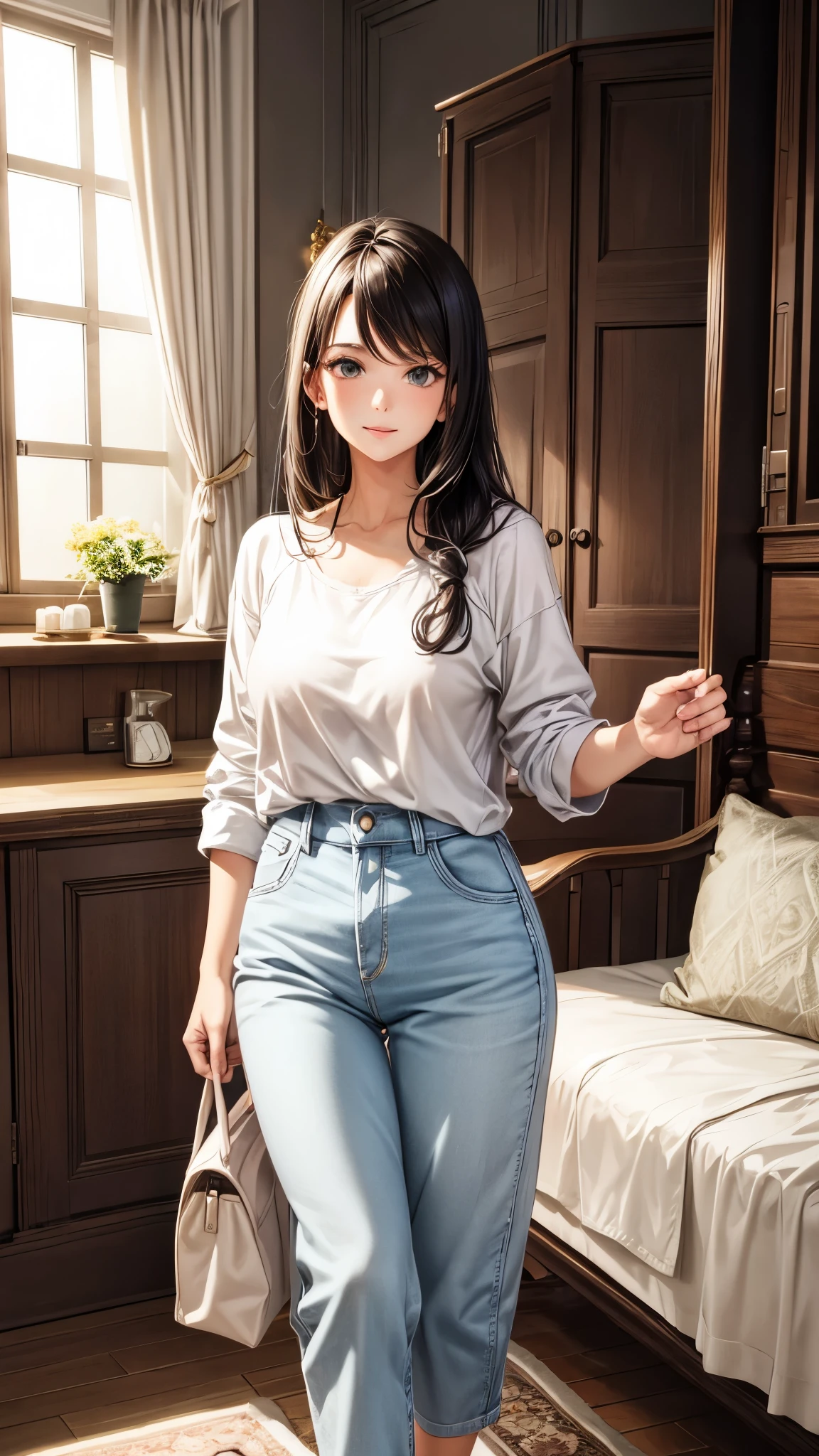 Woman, detailed room, beautiful details, casual clothes
