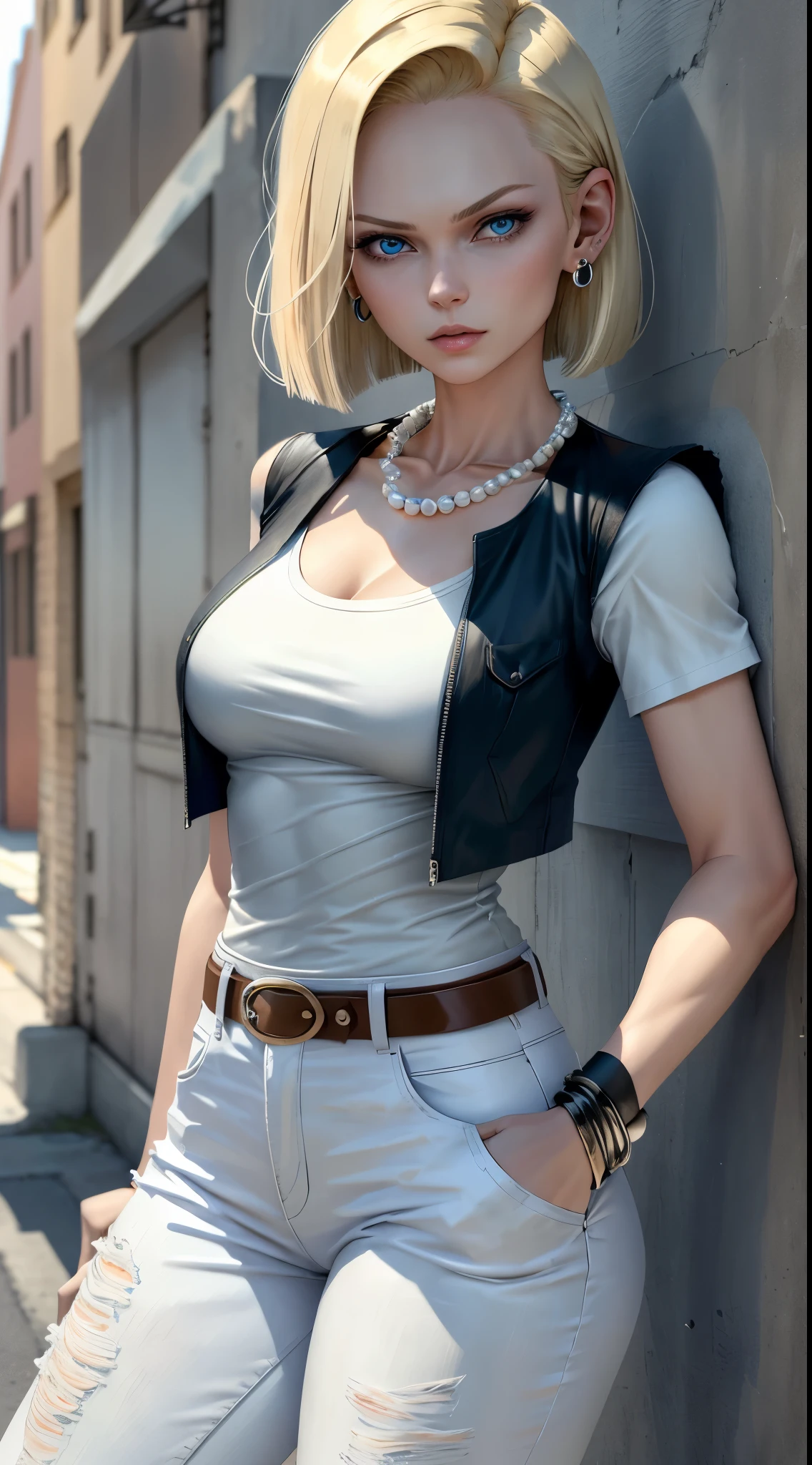 best quality, highres, and18, 1girl, android 18, solo, blonde hair, blue eyes, belt, jeans, pearl_necklace, bracelet, black gloves, white shirt, short hair, short sleeves, earrings, blue pants, open vest, black vest, large breasts, cowboy shot, street, straight-on,