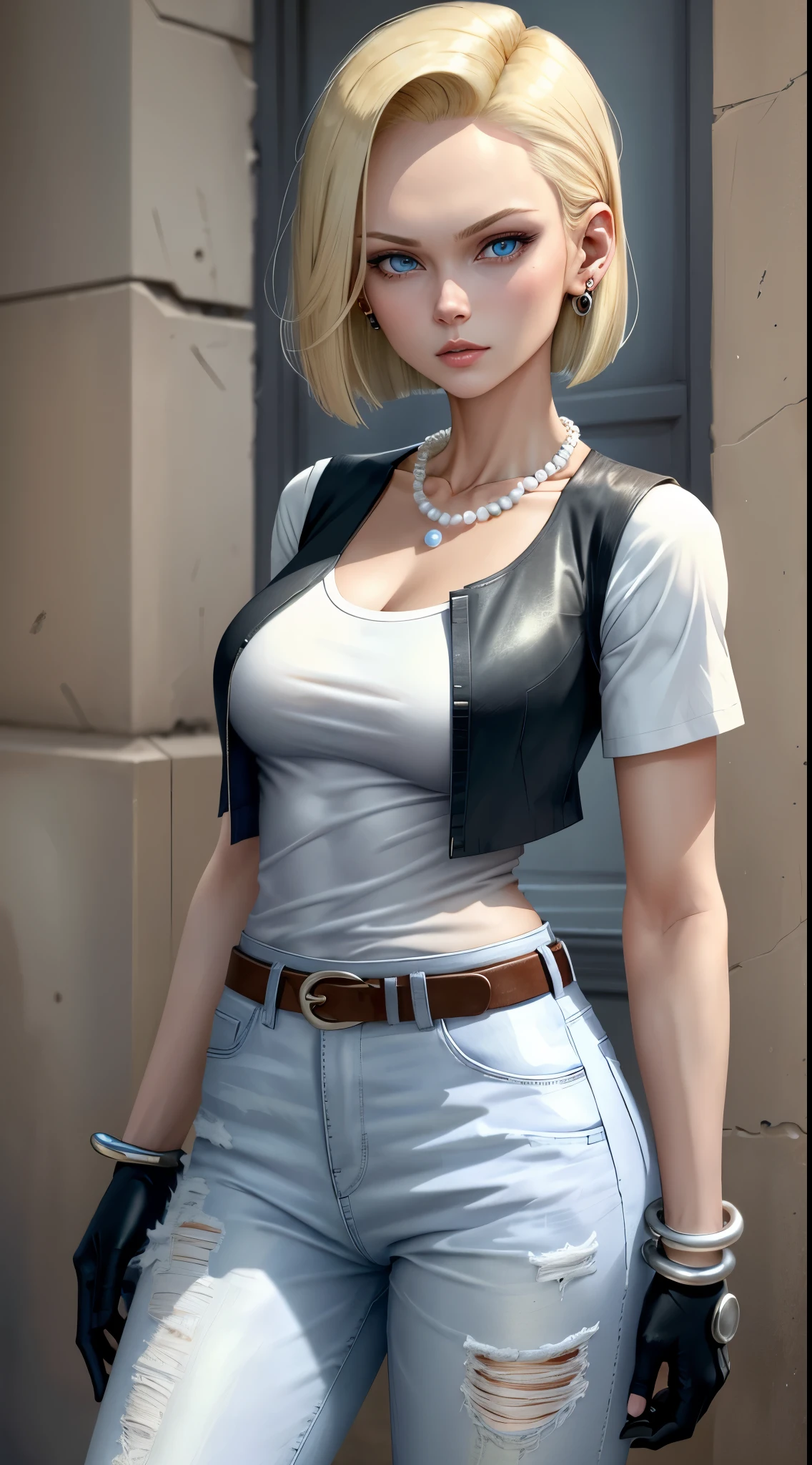 best quality, highres, and18, 1girl, android 18, solo, blonde hair, blue eyes, belt, jeans, pearl_necklace, bracelet, black gloves, white shirt, short hair, short sleeves, earrings, blue pants, open vest, black vest, large breasts, cowboy shot, street, straight-on,