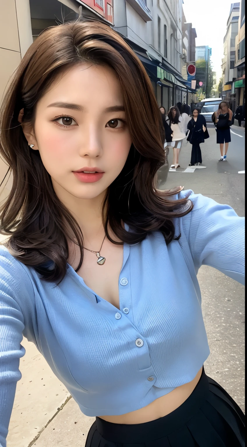 （best qualtiy，A high resolution，tmasterpiece：1.3），A tall and beautiful woman，Slender abs，Dark brown hair in loose wavy styling，Wearing a necklace，Red buttoned shirt，obi strip，Black skirt，Outdoor street，Beautifully rendered details in face and skin textures，Detailed eyes，二重まぶた，Selfie angle，手拿手提包。