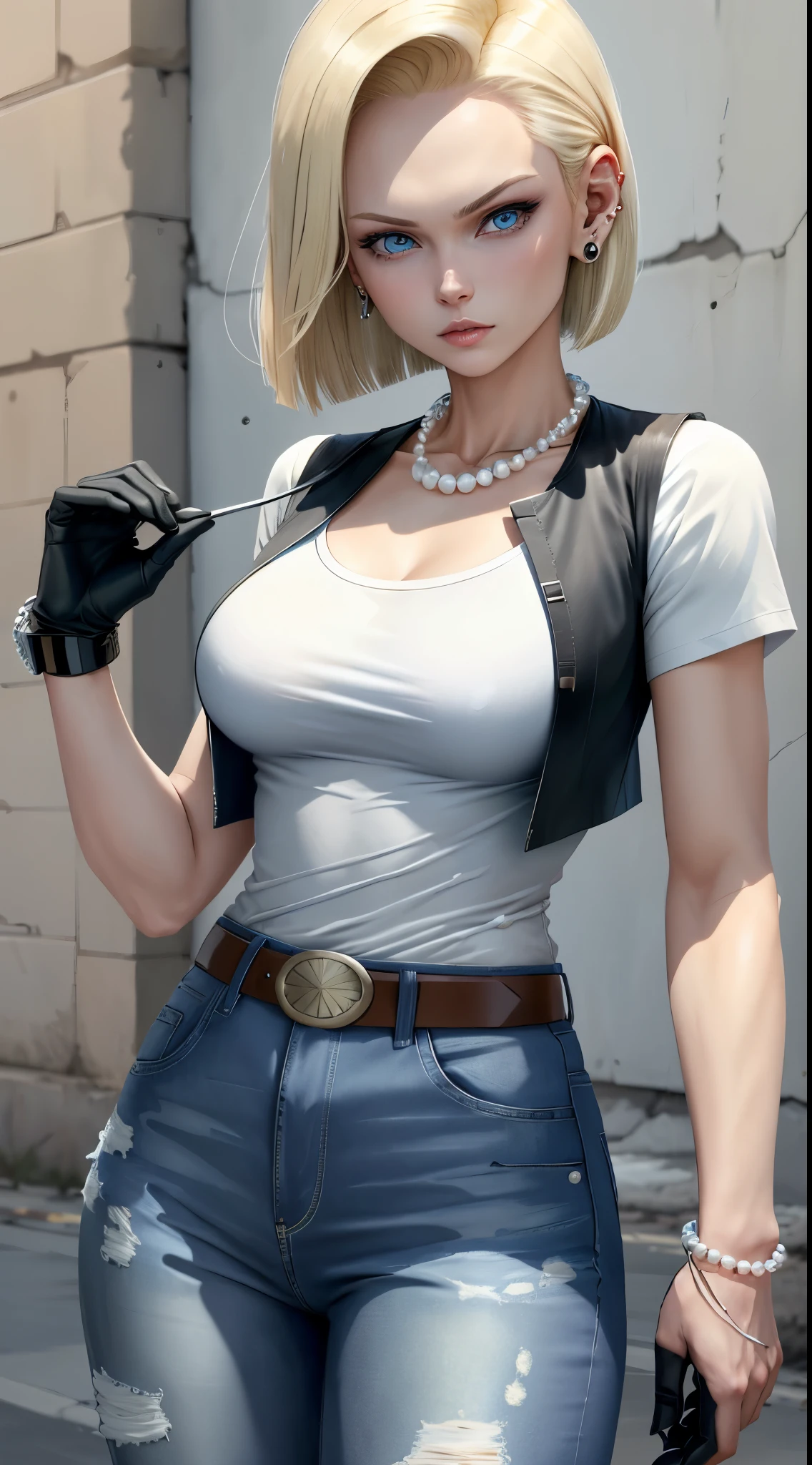 best quality, highres, and18, 1girl, android 18, solo, blonde hair, blue eyes, belt, jeans, pearl_necklace, bracelet, black gloves, white shirt, short hair, short sleeves, earrings, blue pants, open vest, black vest, large breasts, cowboy shot, street, straight-on,